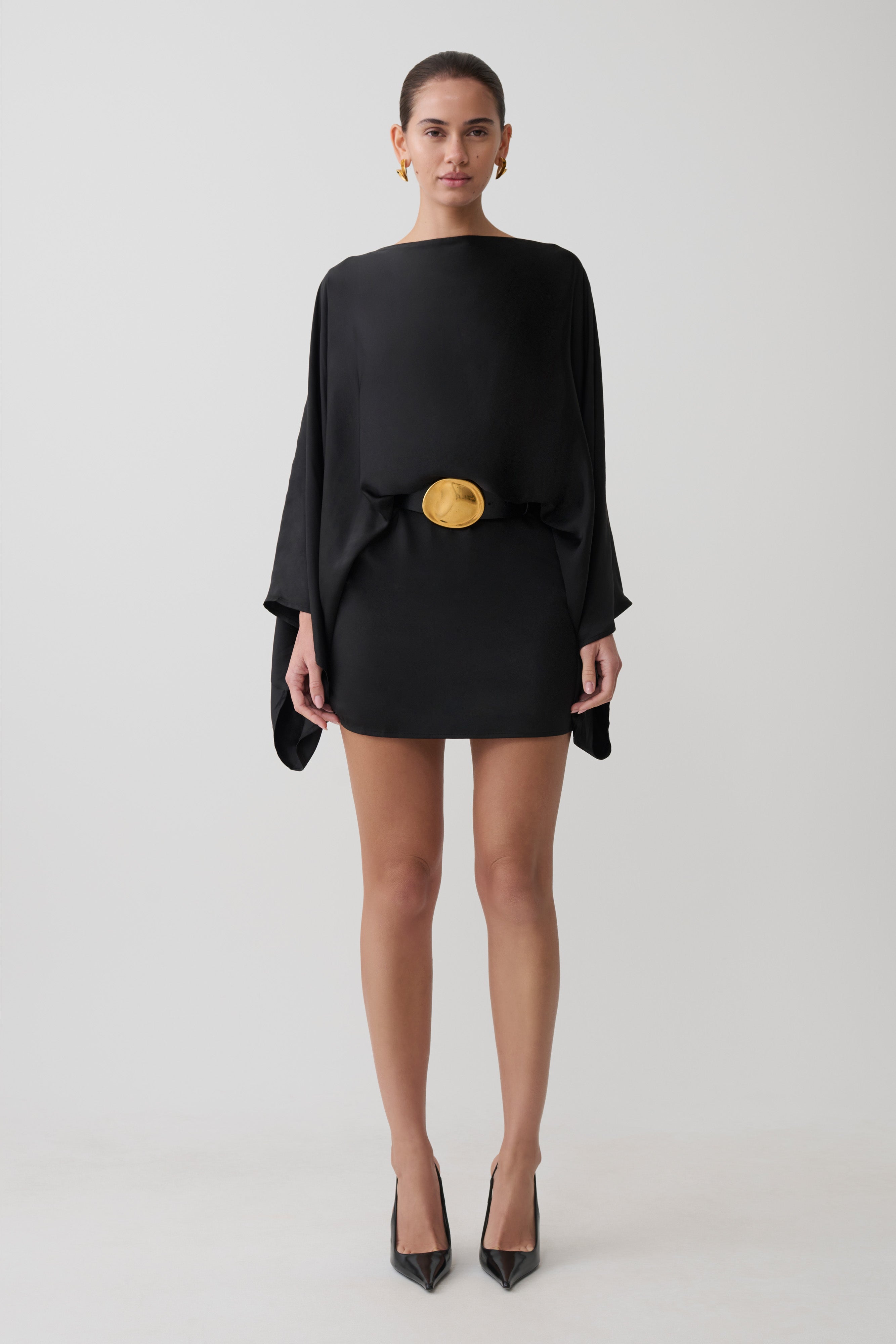 Cowl Back Satin Mini Dress - Black