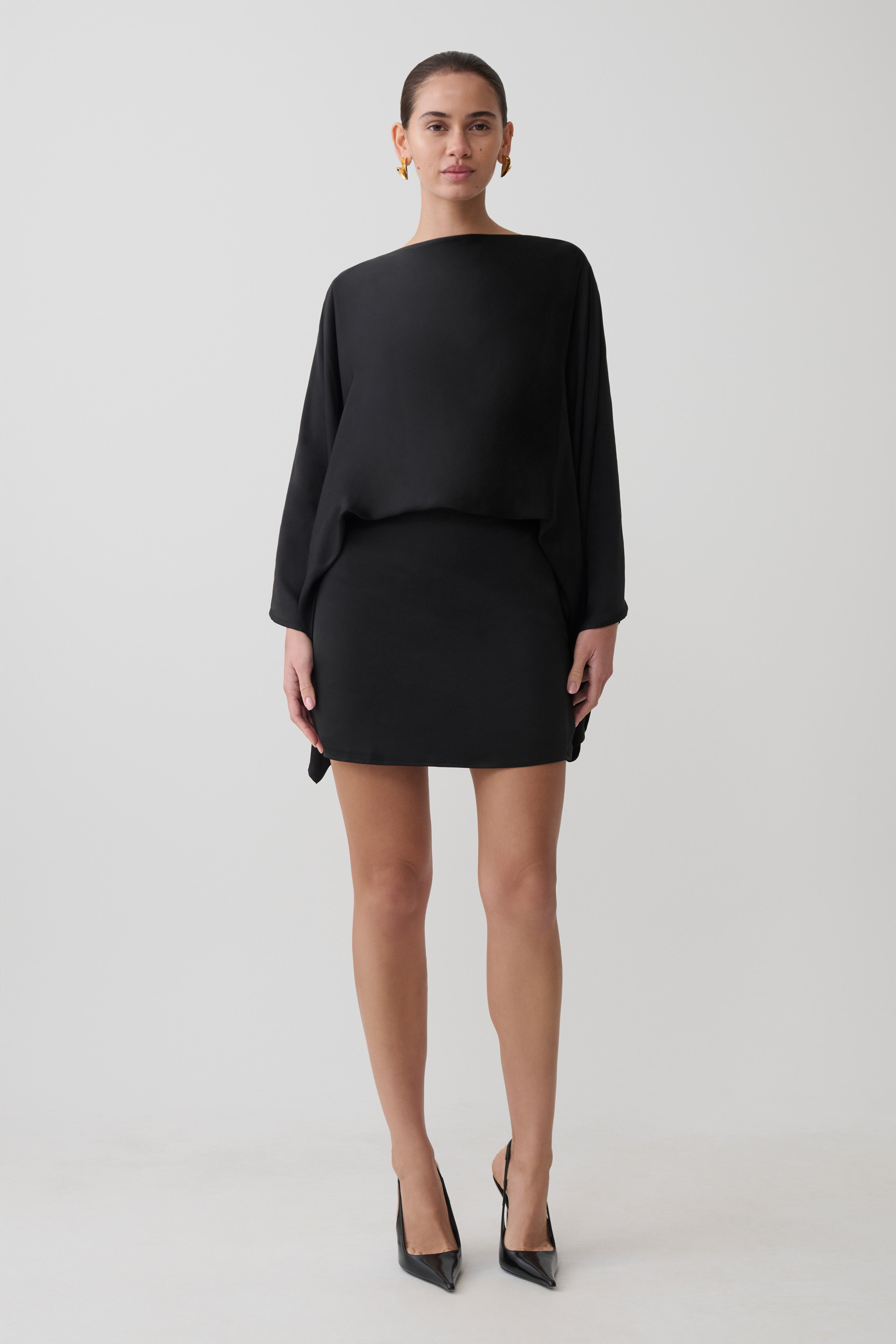 Cowl Back Satin Mini Dress - Black