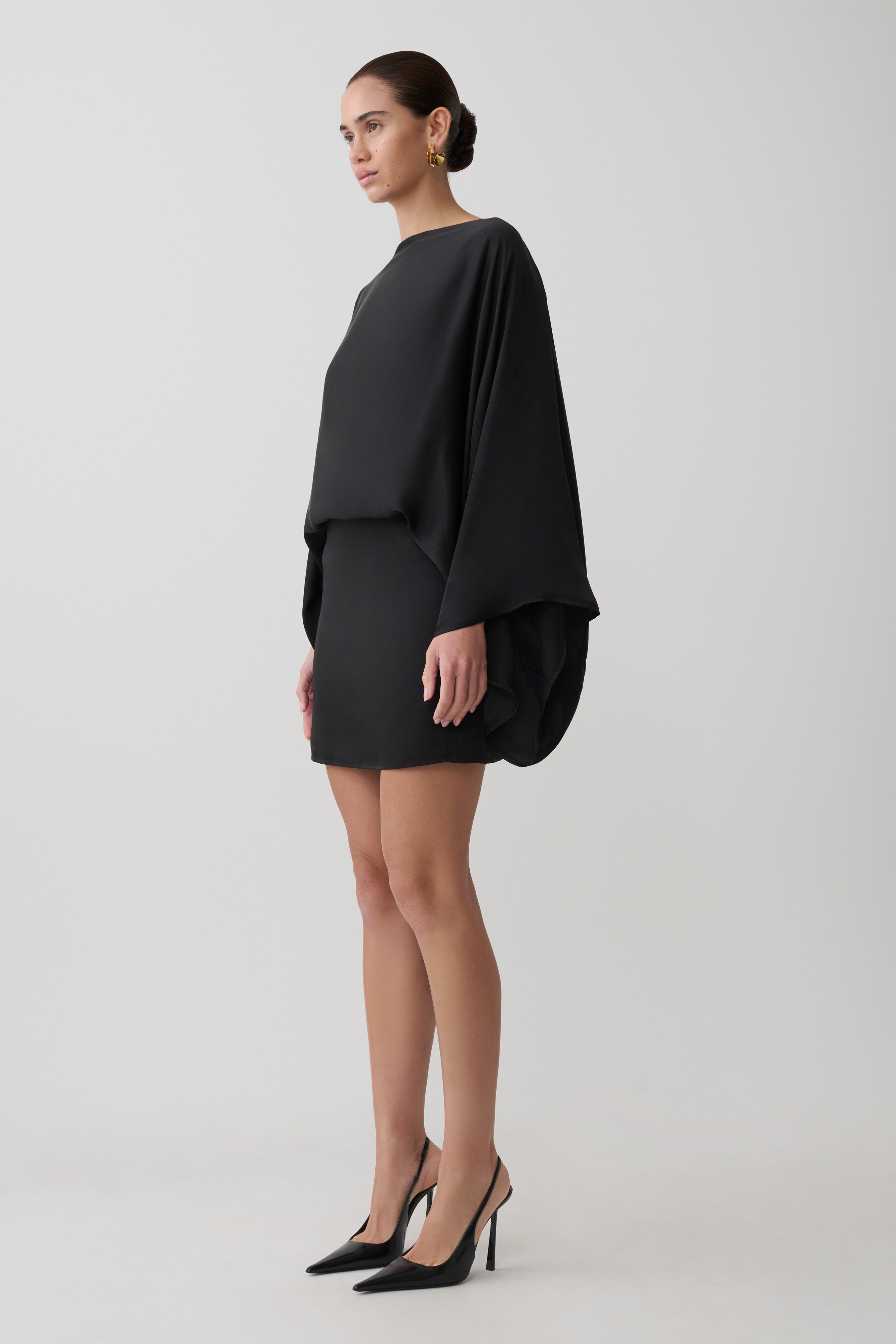 Cowl Back Satin Mini Dress - Black