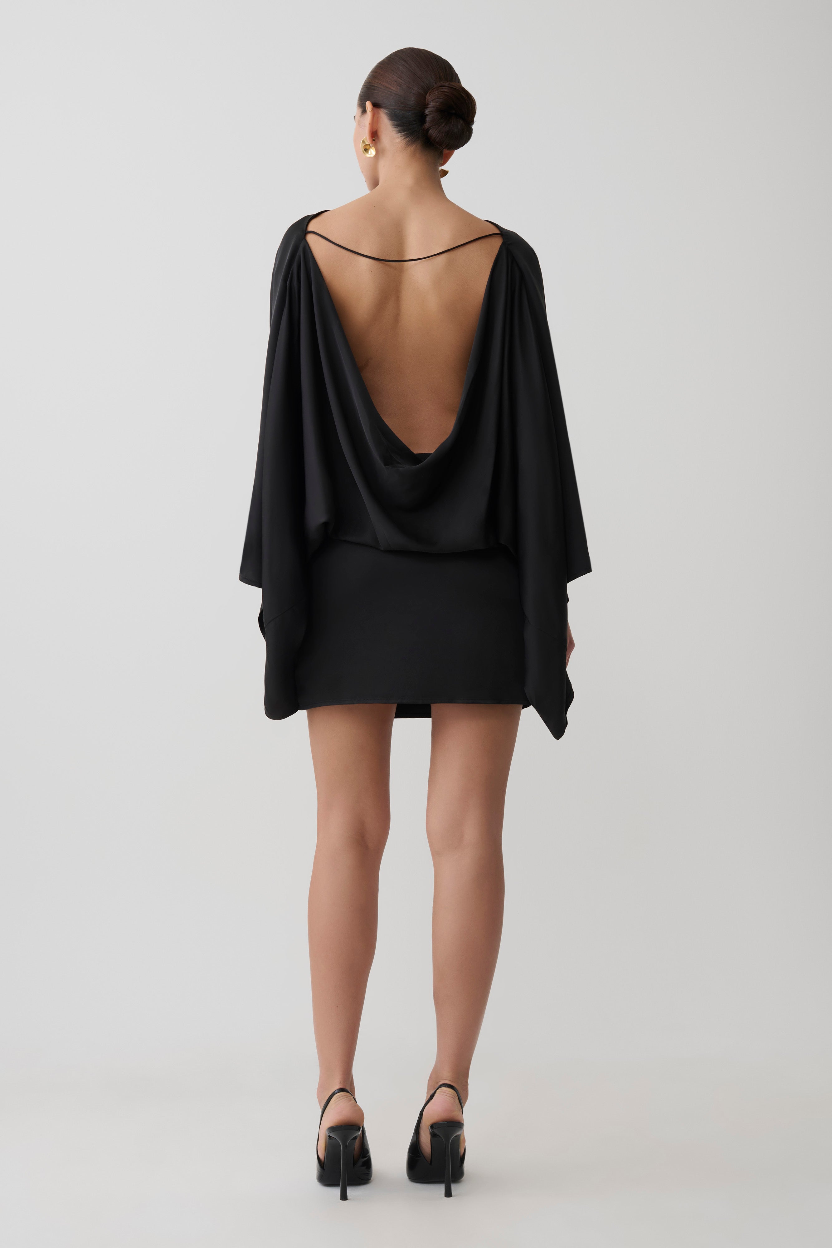 Cowl Back Satin Mini Dress - Black