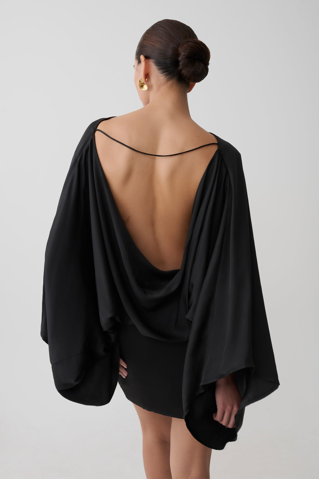 Cowl Back Satin Mini Dress - Black