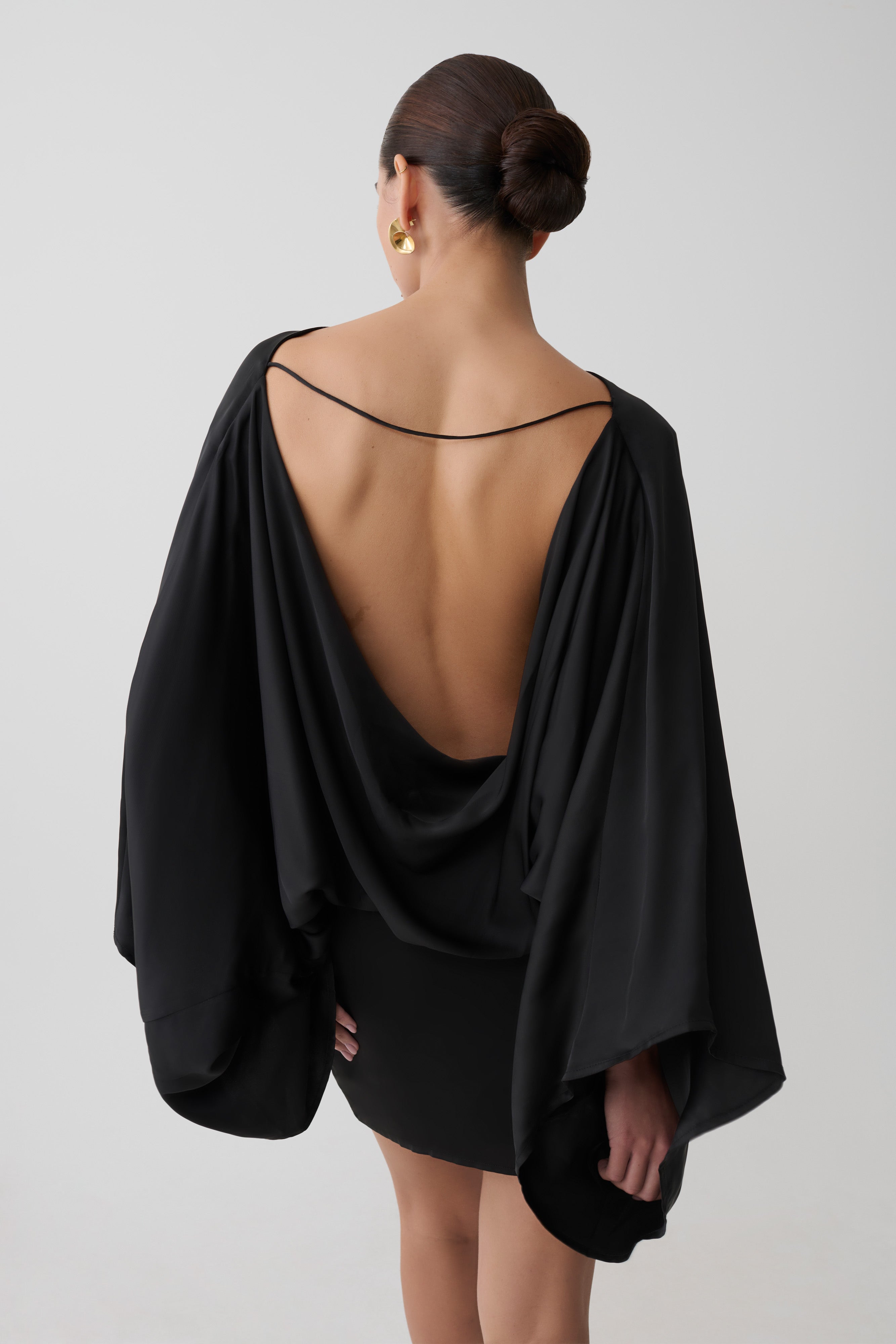 Cowl Back Satin Mini Dress - Black
