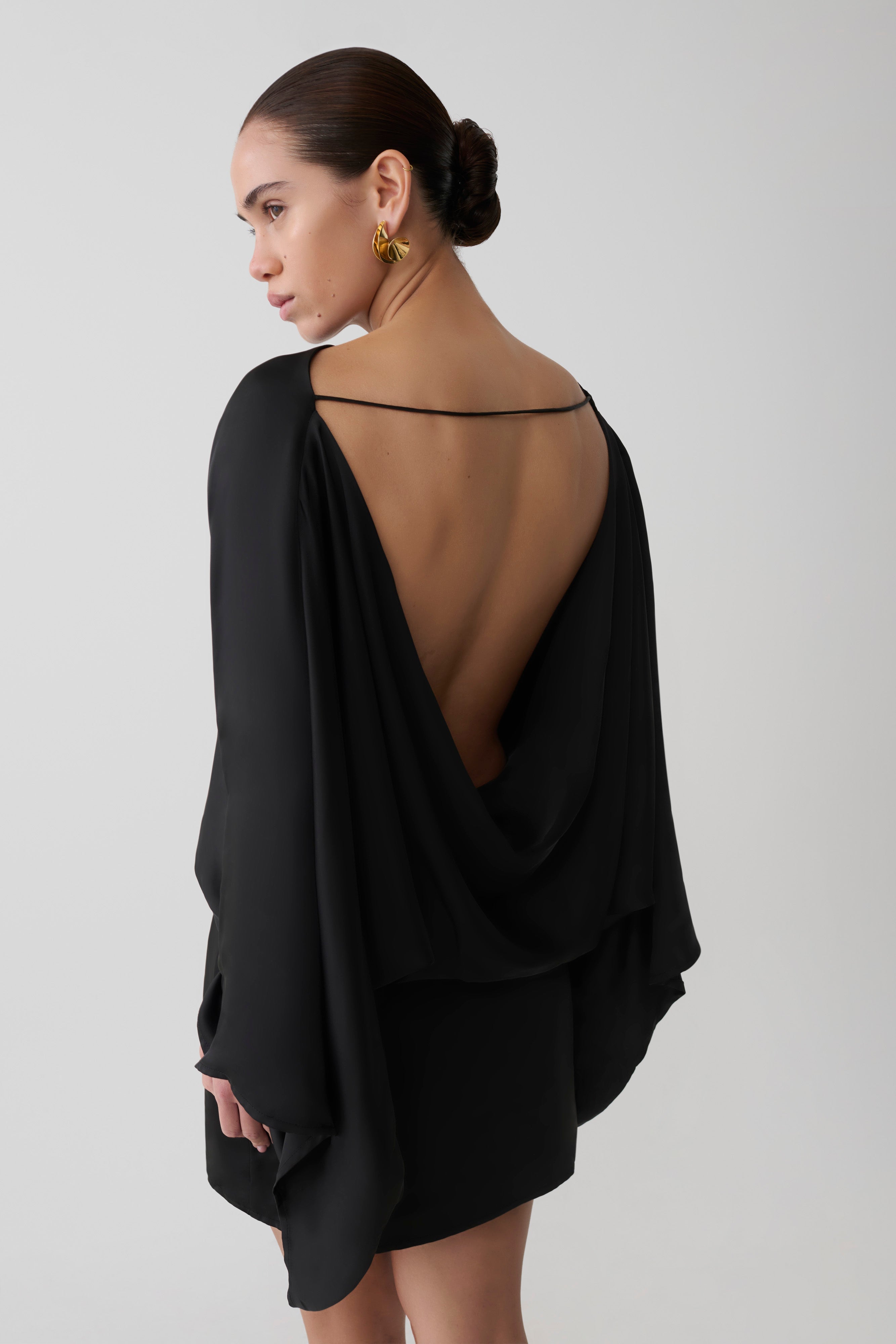 Cowl Back Satin Mini Dress - Black