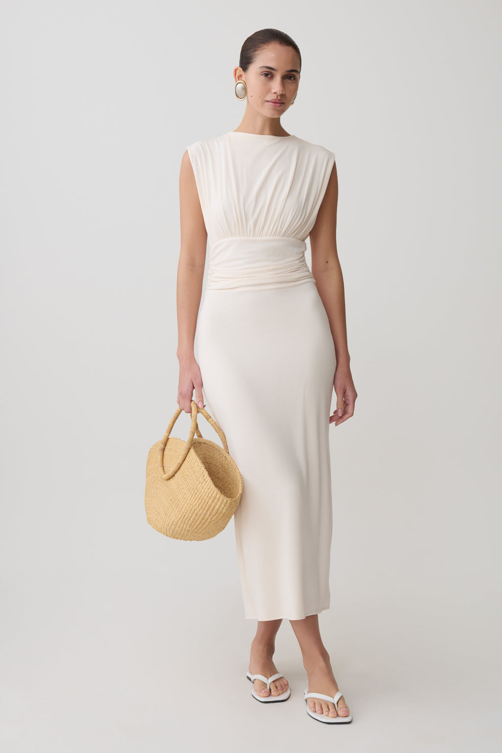 Ruched Modal Sleeveless Midi Dress - Ivory