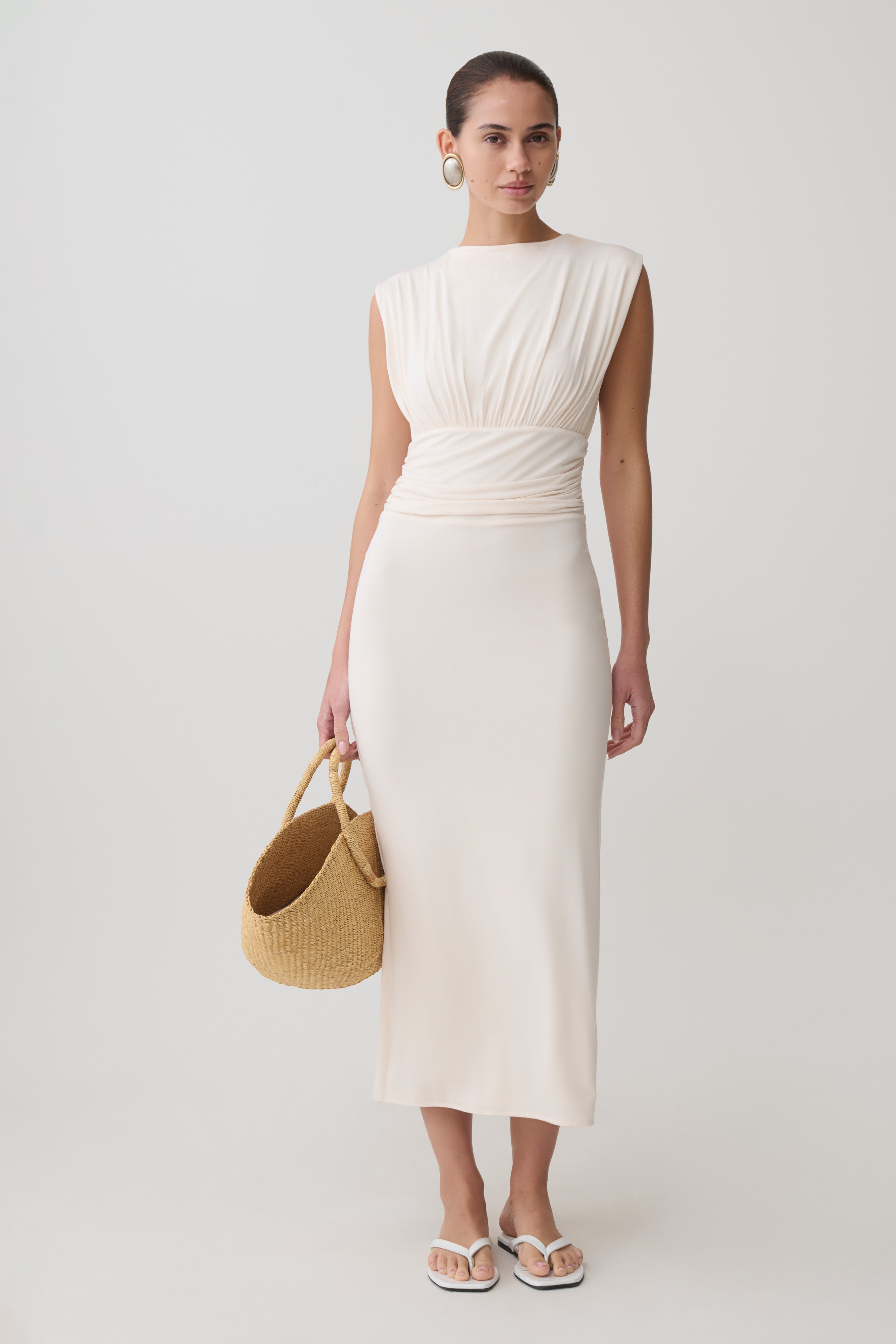 Ruched Modal Sleeveless Midi Dress - Ivory