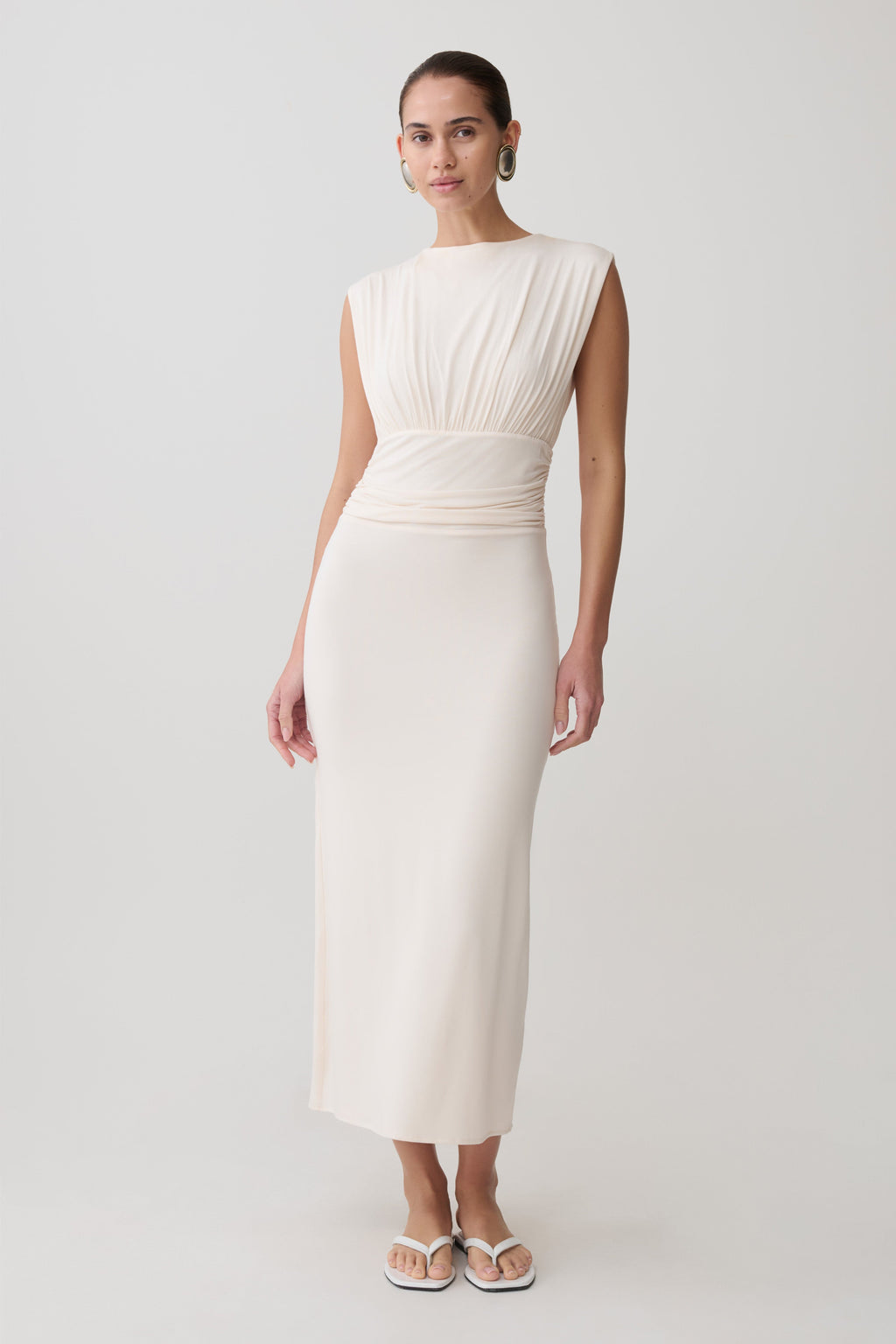 Ruched Modal Sleeveless Midi Dress - Ivory
