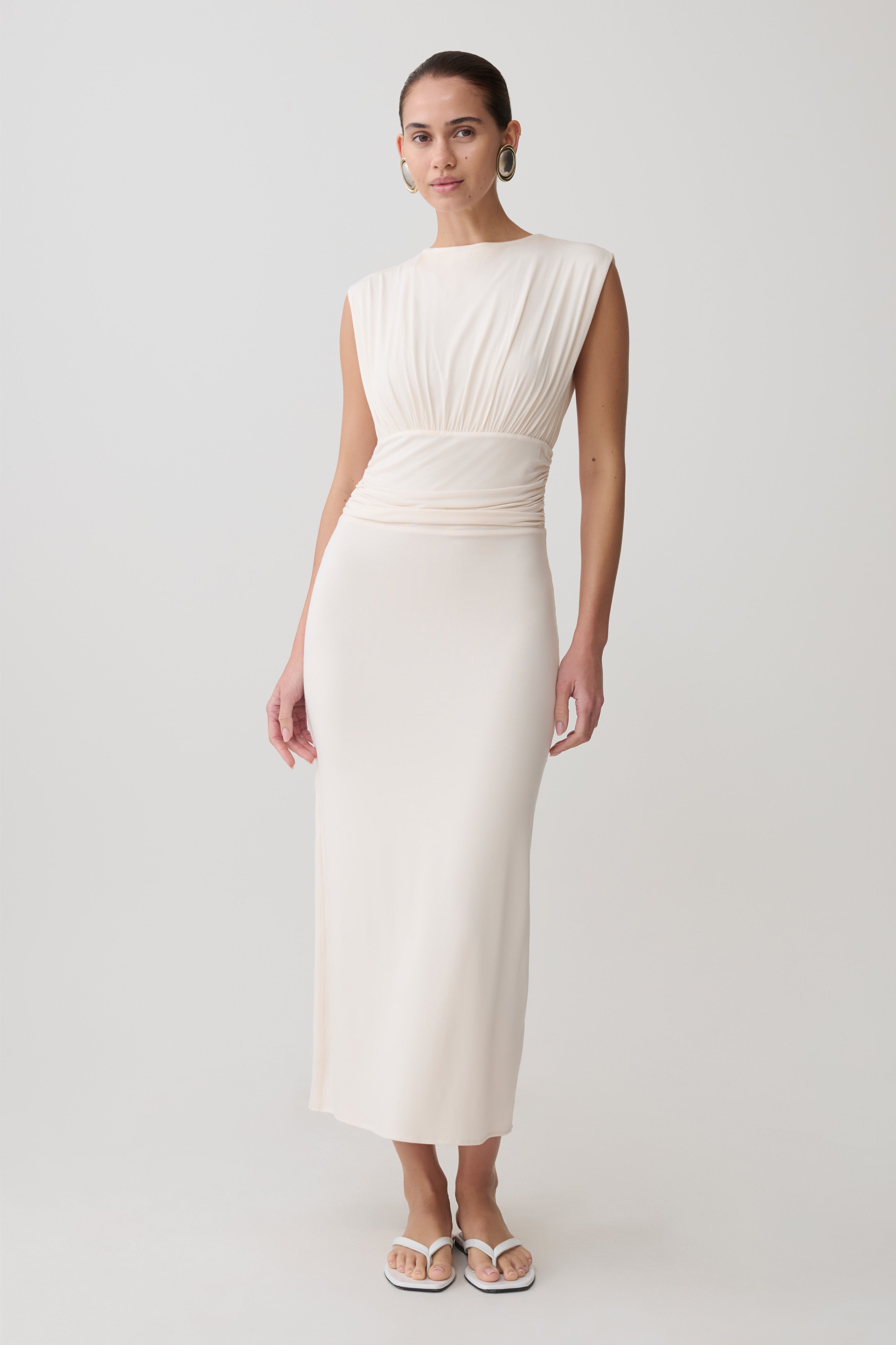 Ruched Modal Sleeveless Midi Dress - Ivory