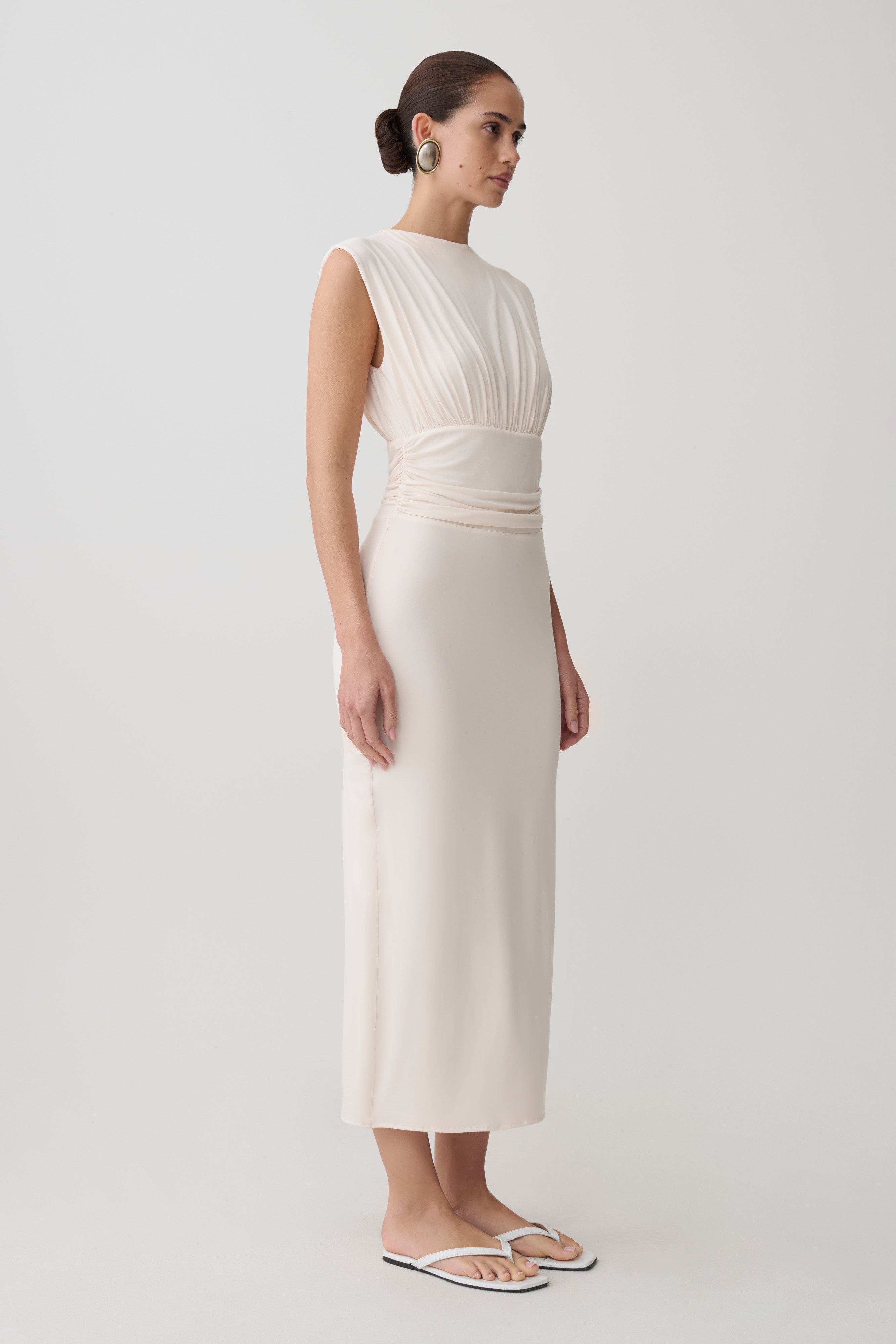 Ruched Modal Sleeveless Midi Dress - Ivory