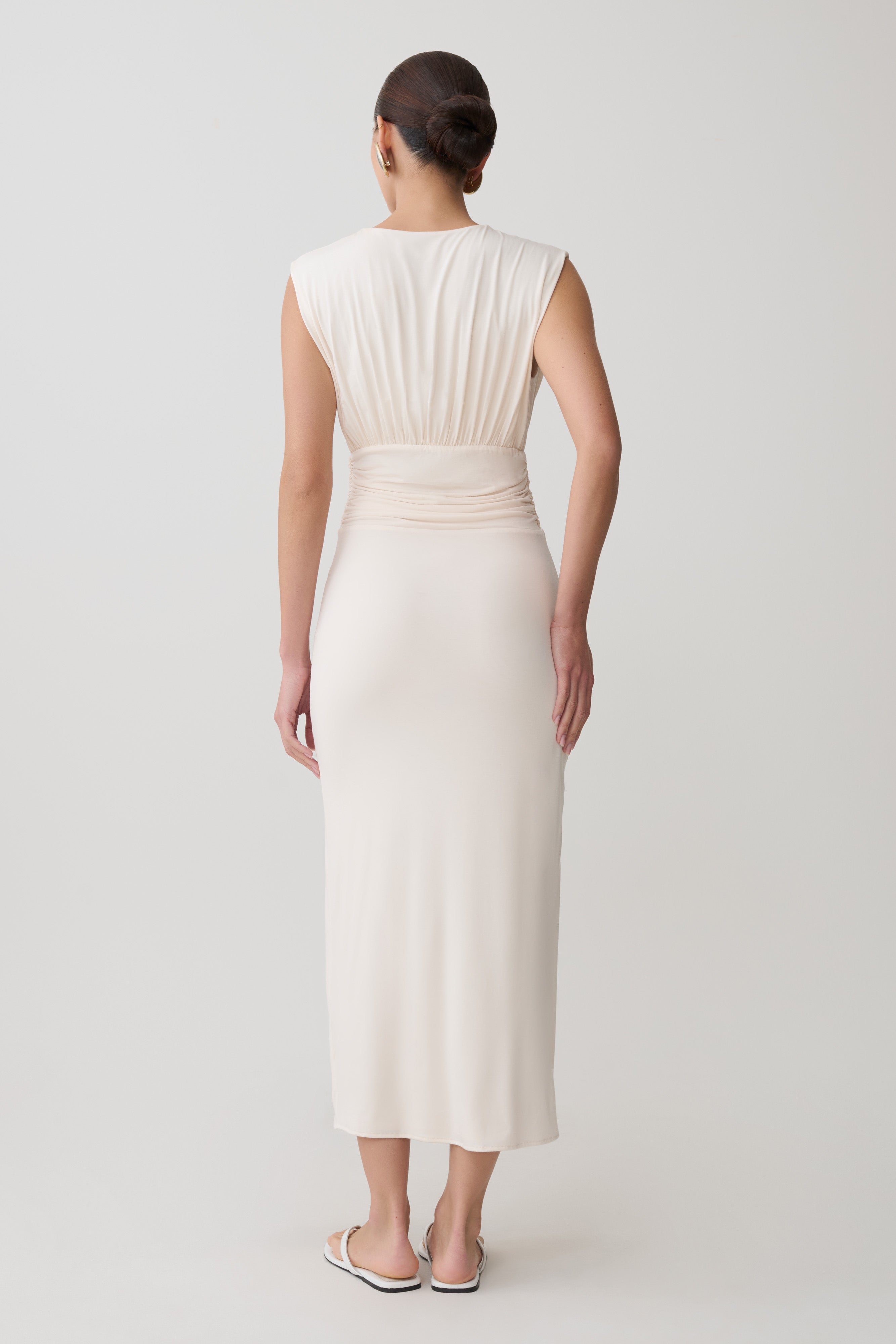 Ruched Modal Sleeveless Midi Dress - Ivory