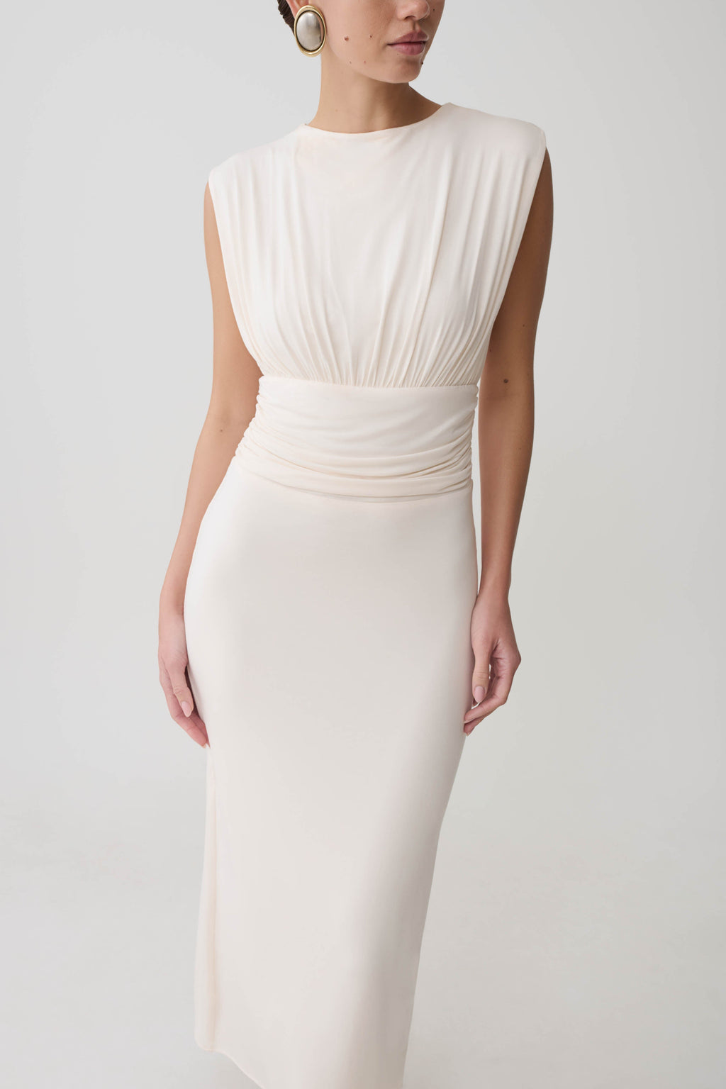 Ruched Modal Sleeveless Midi Dress - Ivory