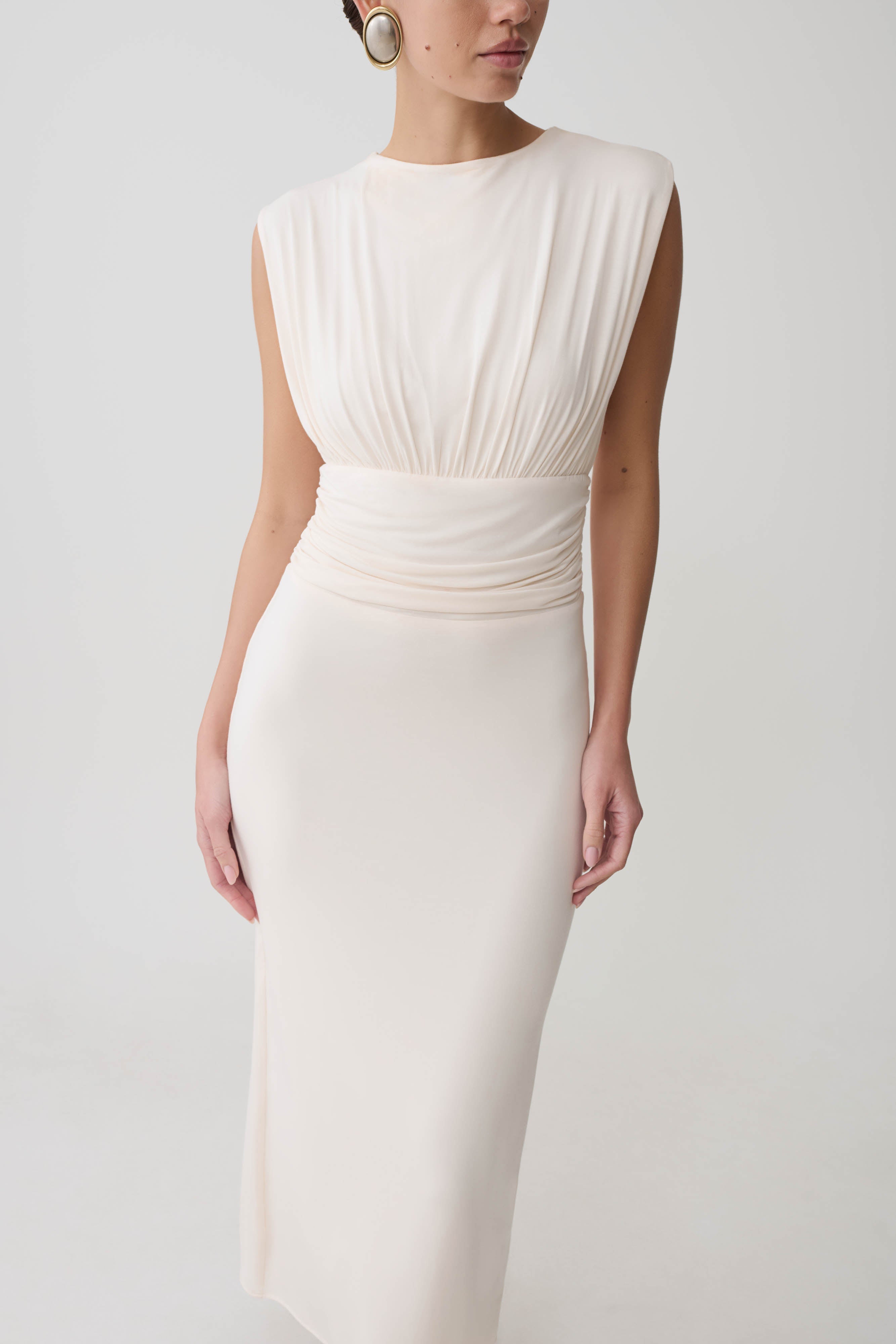 Ruched Modal Sleeveless Midi Dress - Ivory