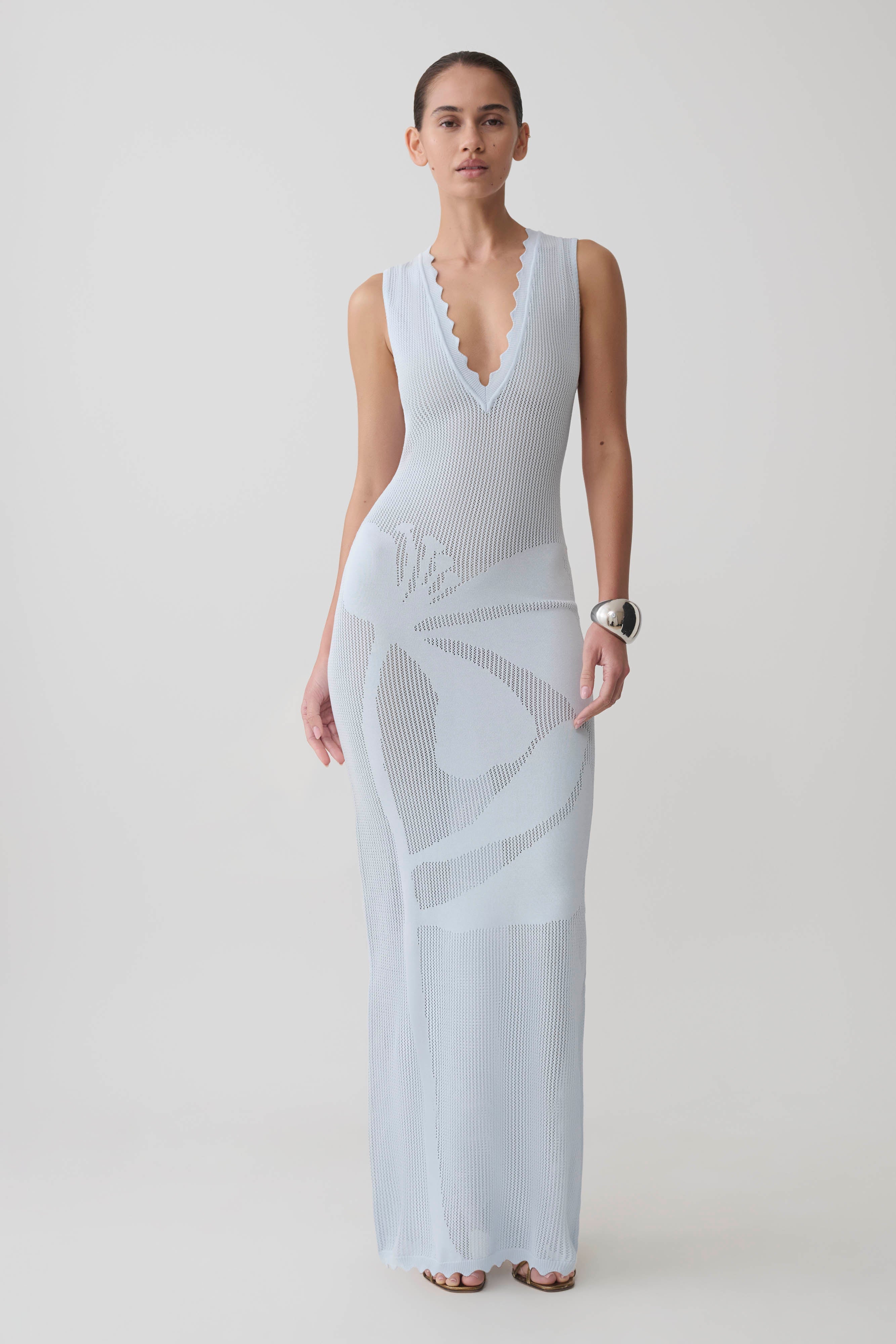 Floral Knit Maxi Dress - Light Blue