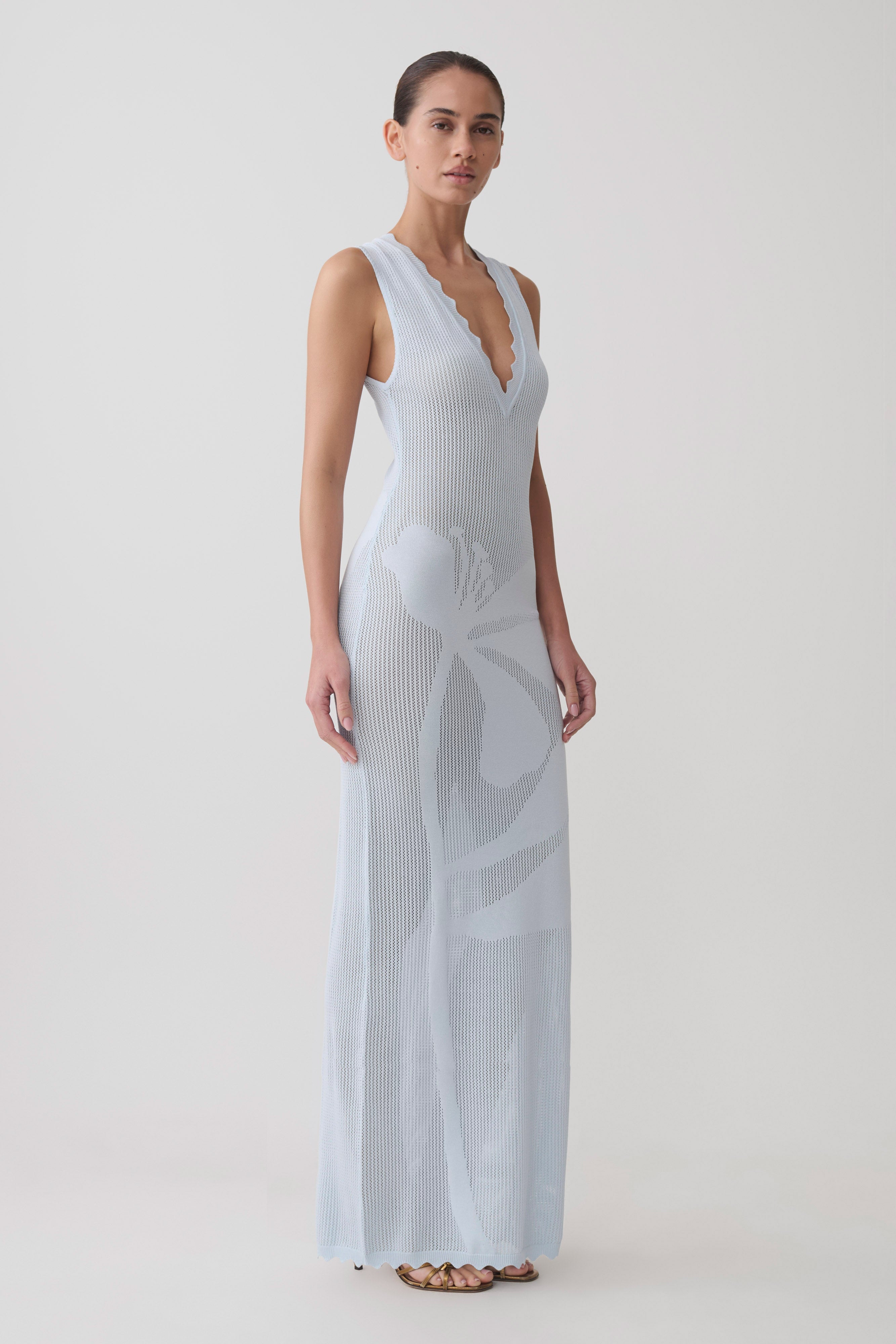 Floral Knit Maxi Dress - Light Blue