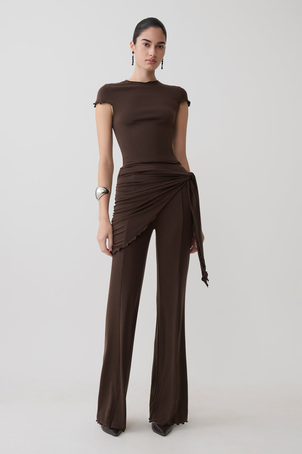 High Neck Top With Piping Detail - Dark Chocolate