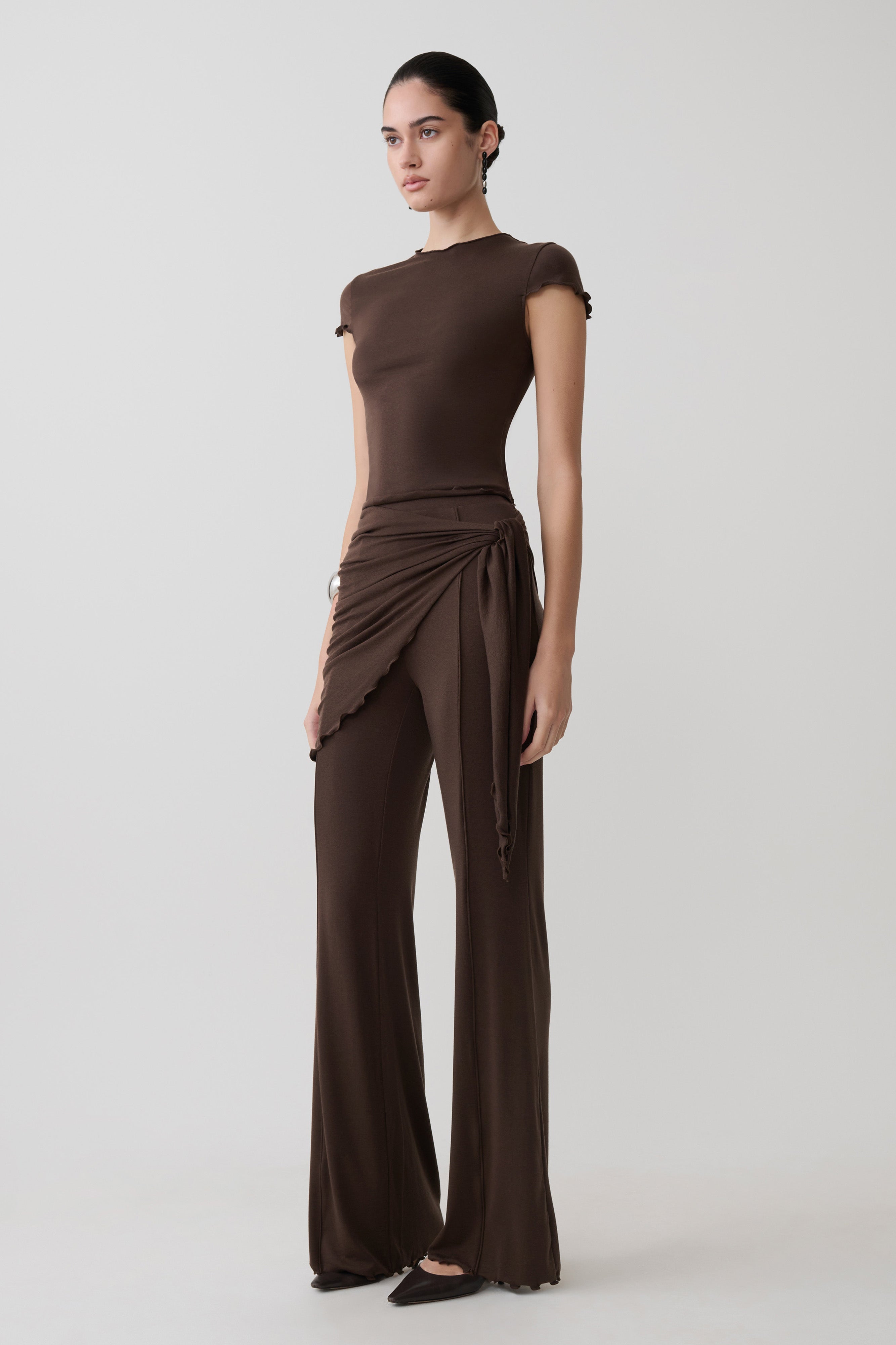 High Neck Top With Piping Detail - Dark Chocolate
