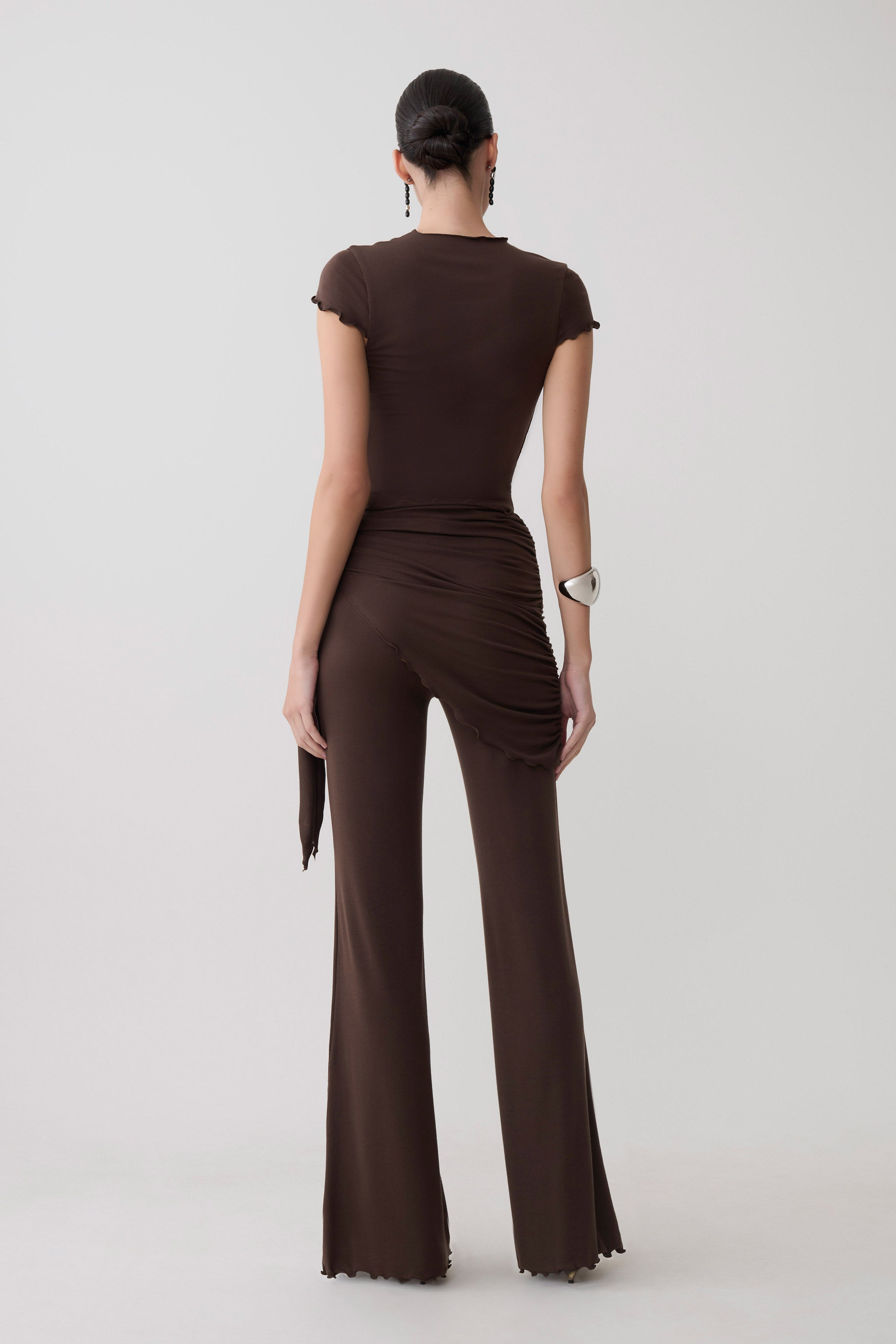 High Neck Top With Piping Detail - Dark Chocolate