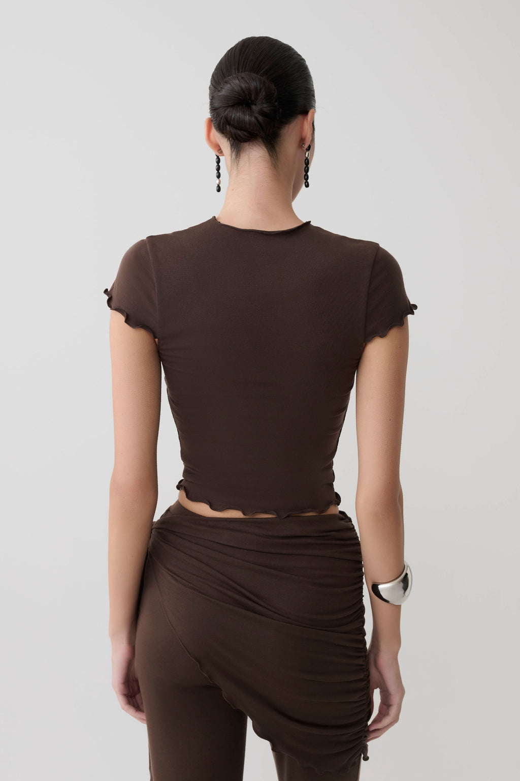 High Neck Top With Piping Detail - Dark Chocolate