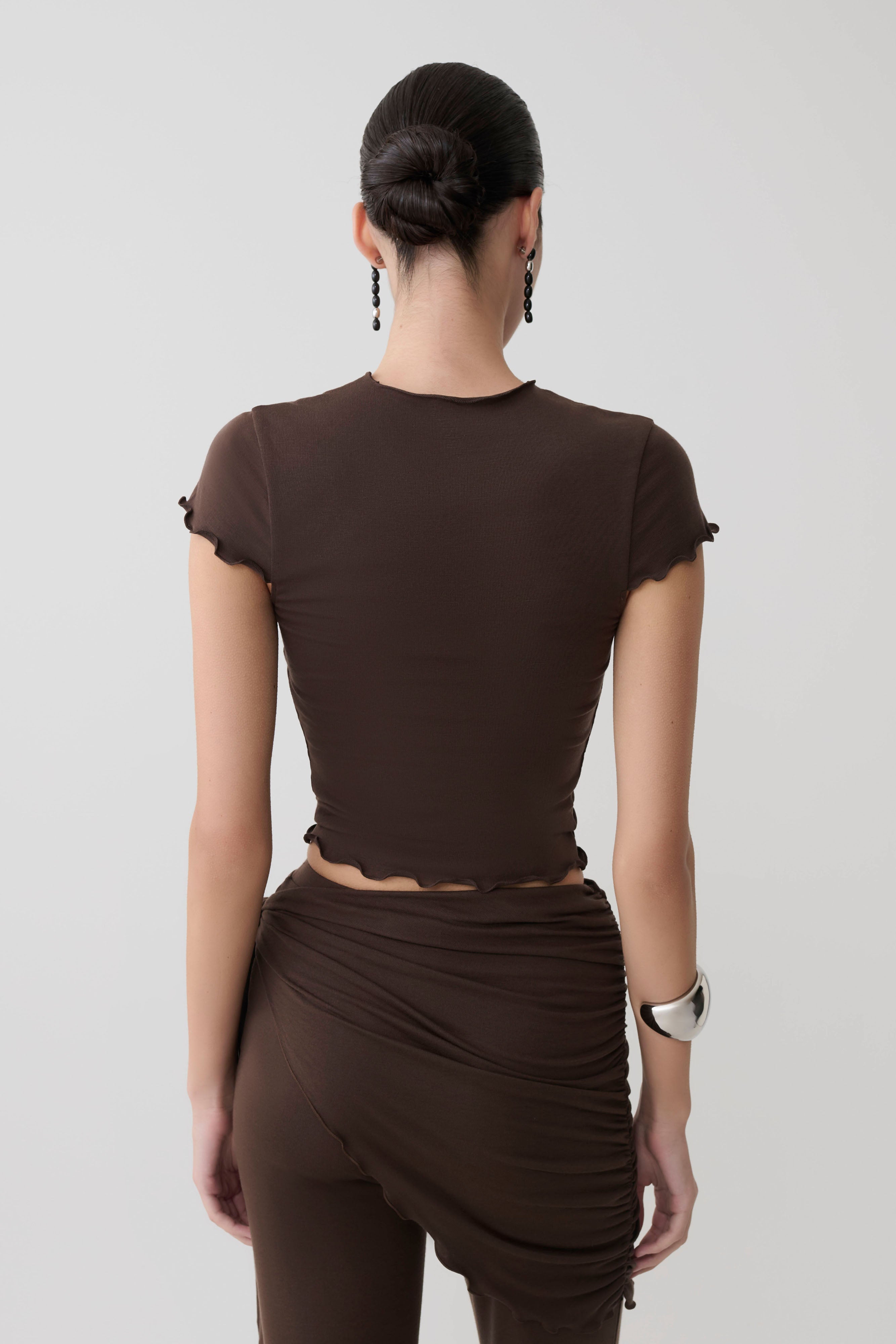 High Neck Top With Piping Detail - Dark Chocolate