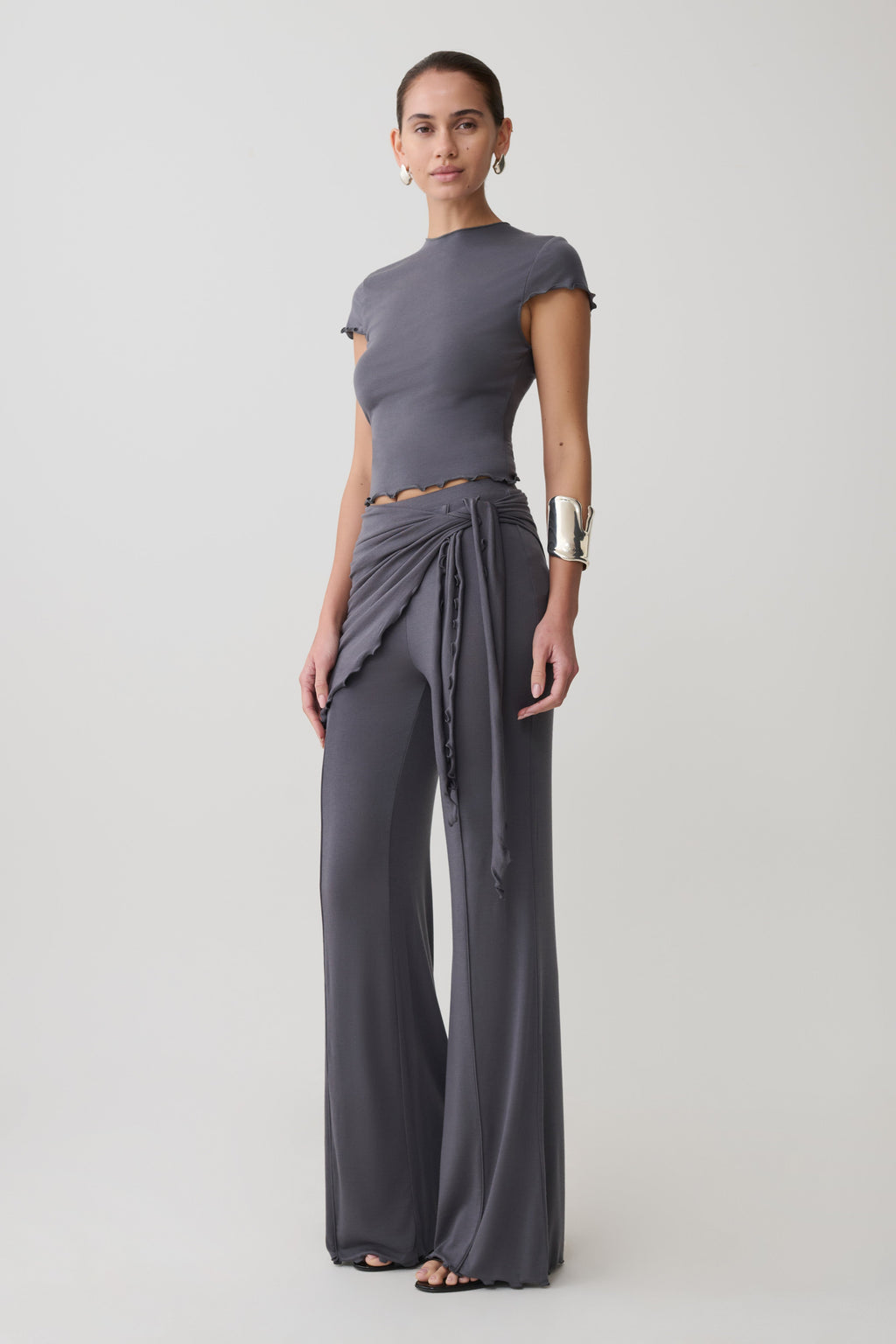 High Neck Top With Piping Detail - Grey