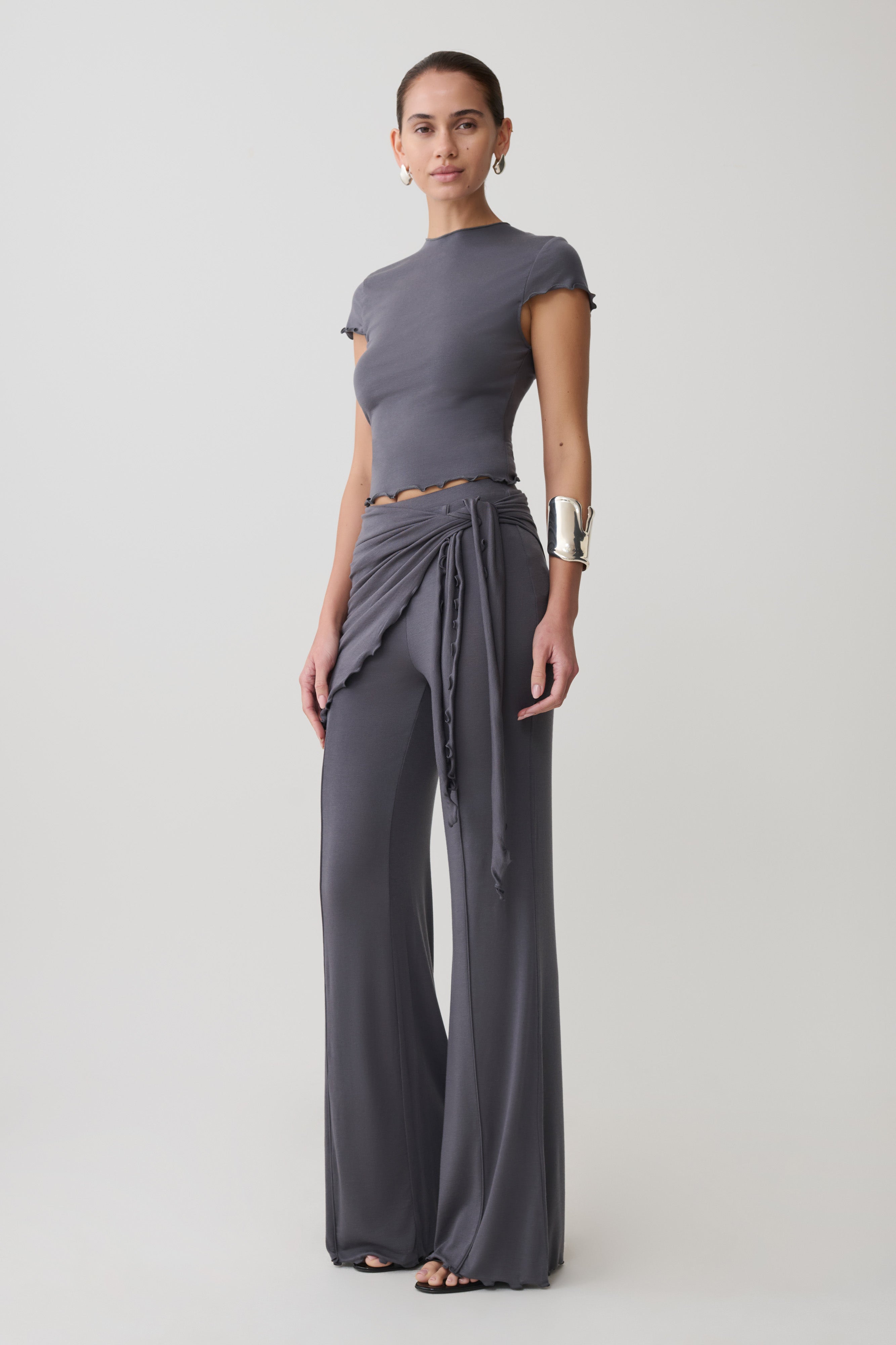 High Neck Top With Piping Detail - Grey