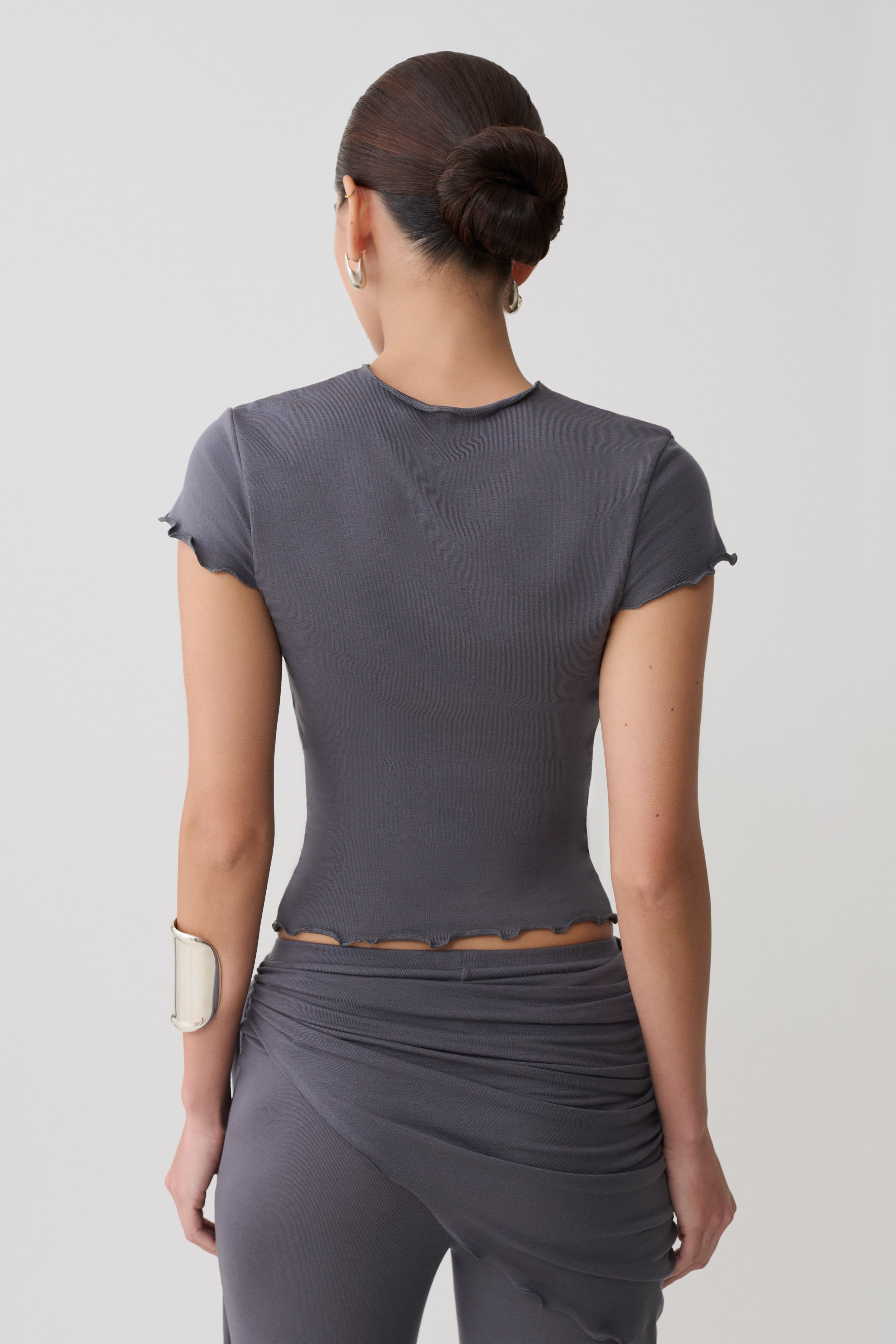 High Neck Top With Piping Detail - Grey
