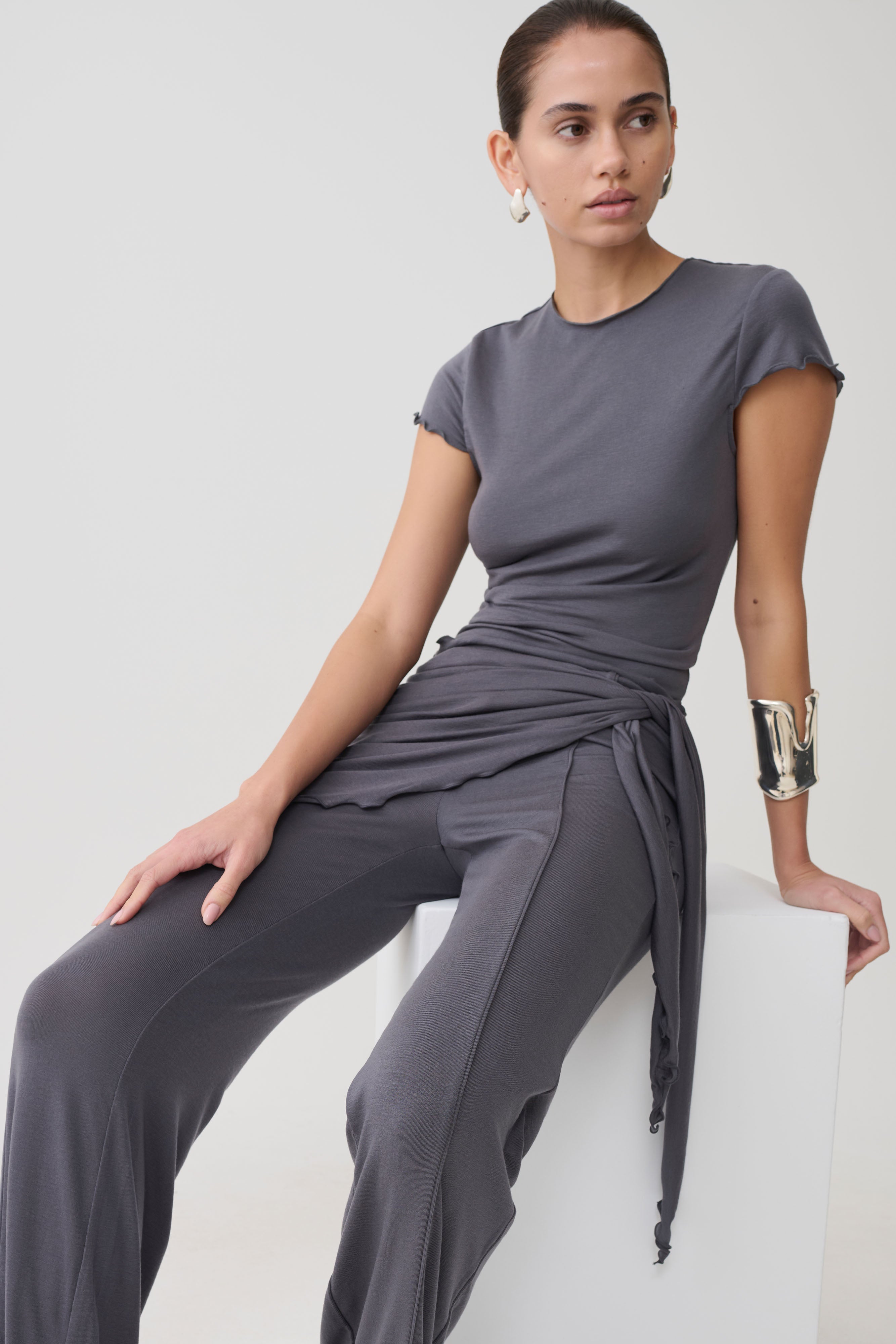 High Neck Top With Piping Detail - Grey