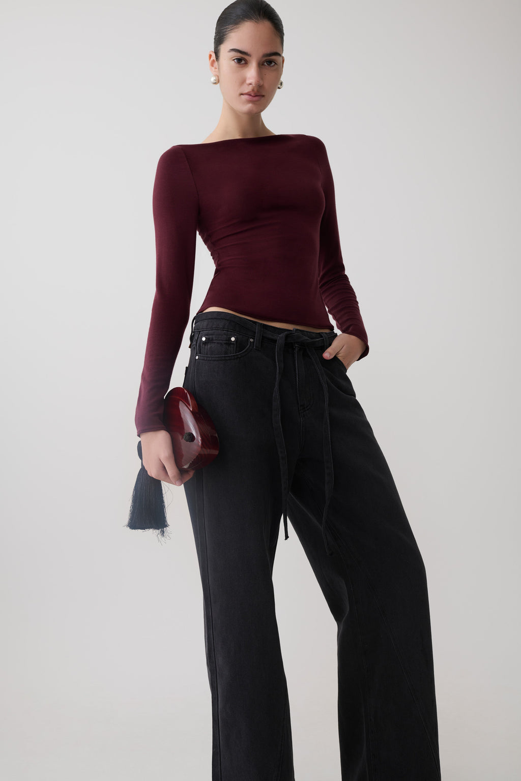 Long Sleeve Sheer Top - Burgundy