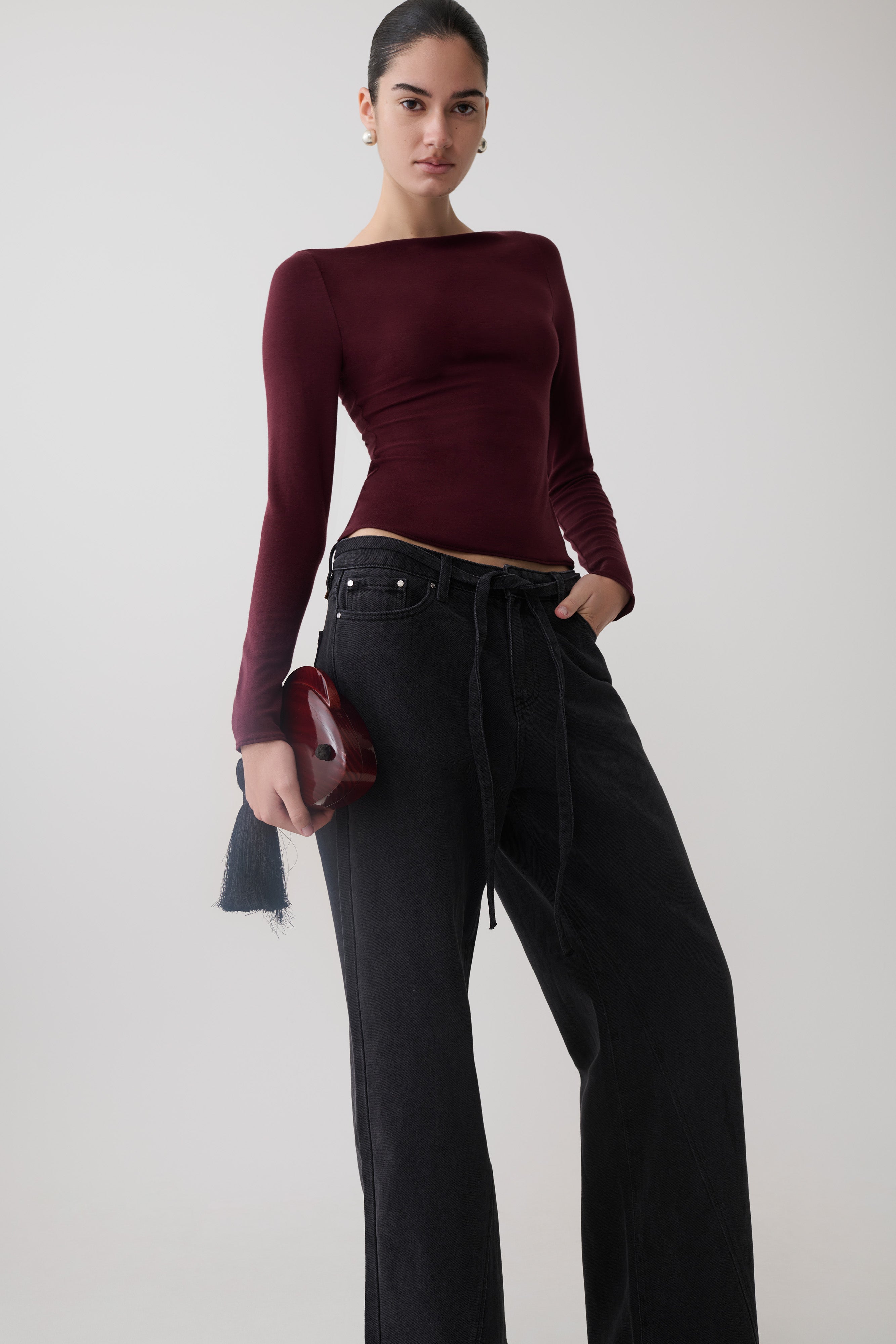 Long Sleeve Sheer Top - Burgundy