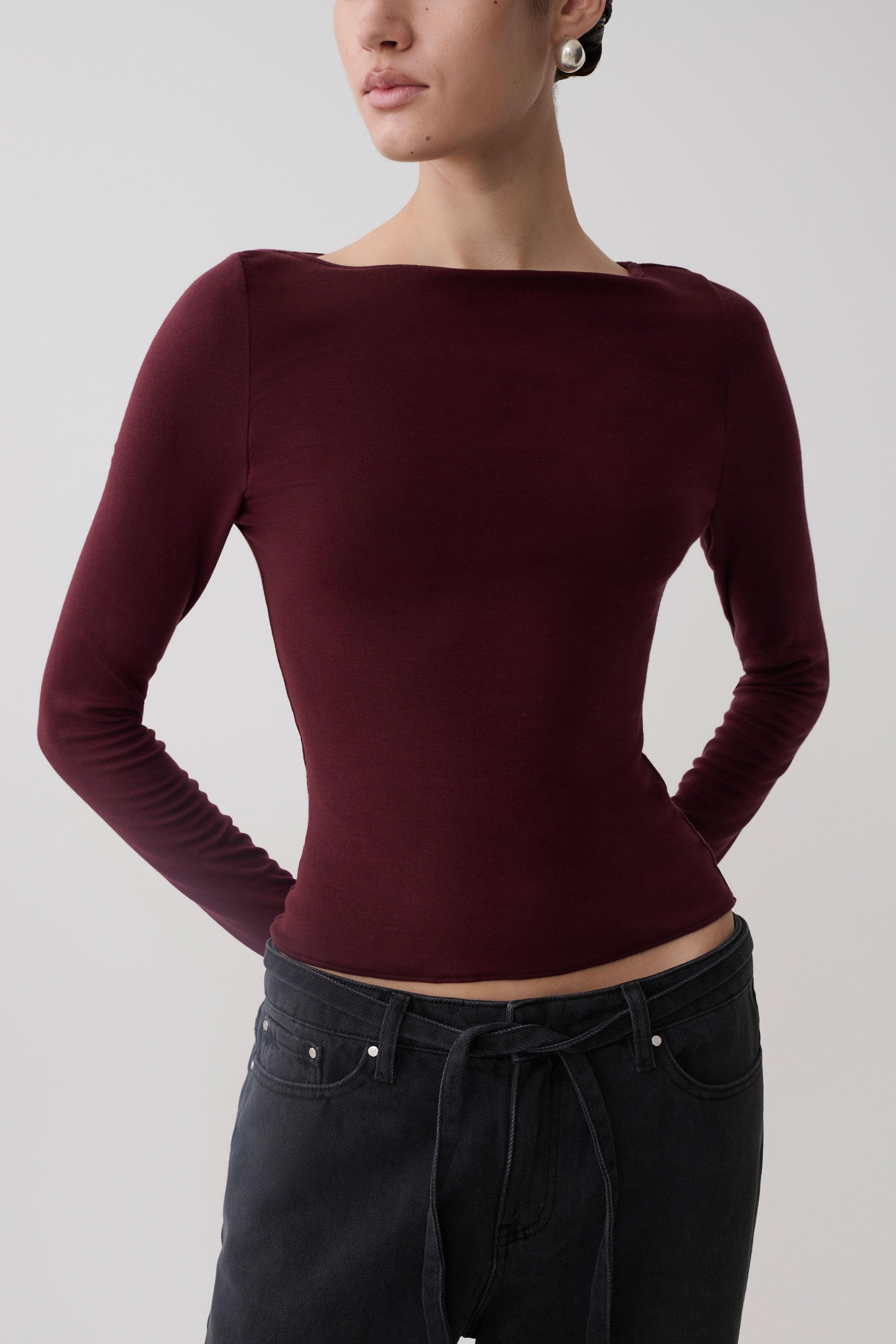 Long Sleeve Sheer Top - Burgundy