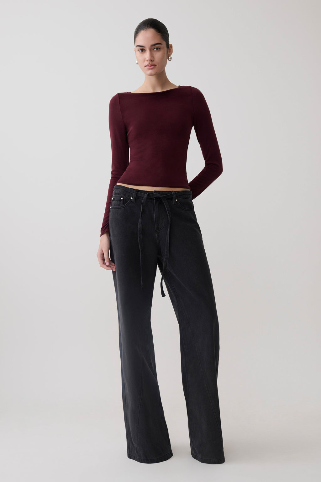 Long Sleeve Sheer Top - Burgundy