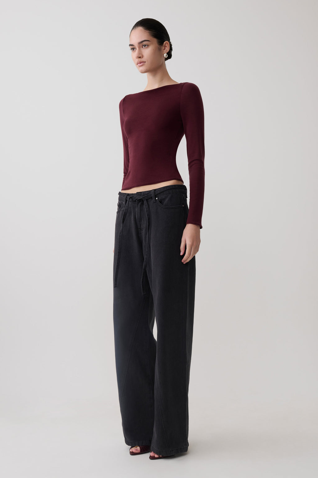 Long Sleeve Sheer Top - Burgundy