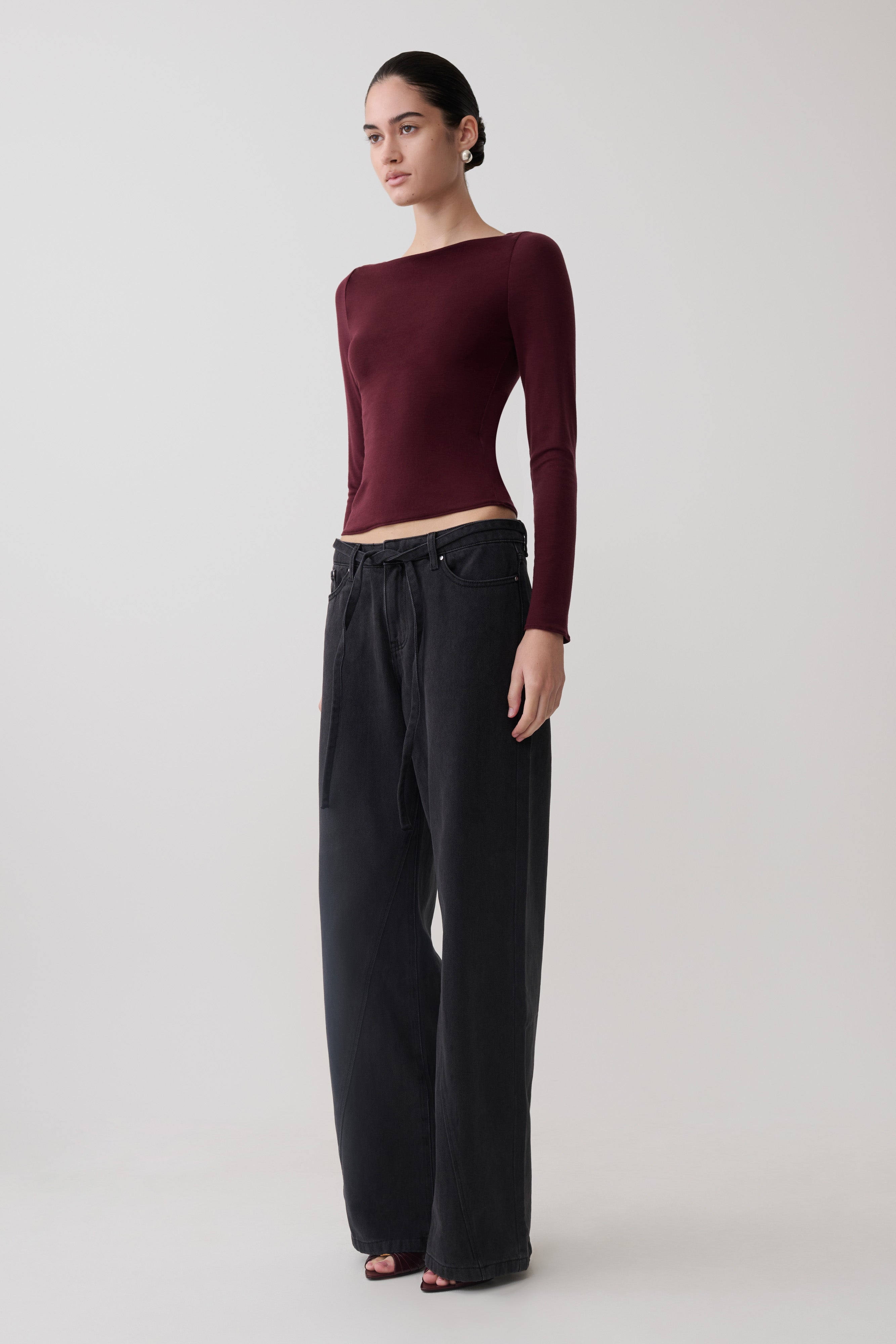 Long Sleeve Sheer Top - Burgundy
