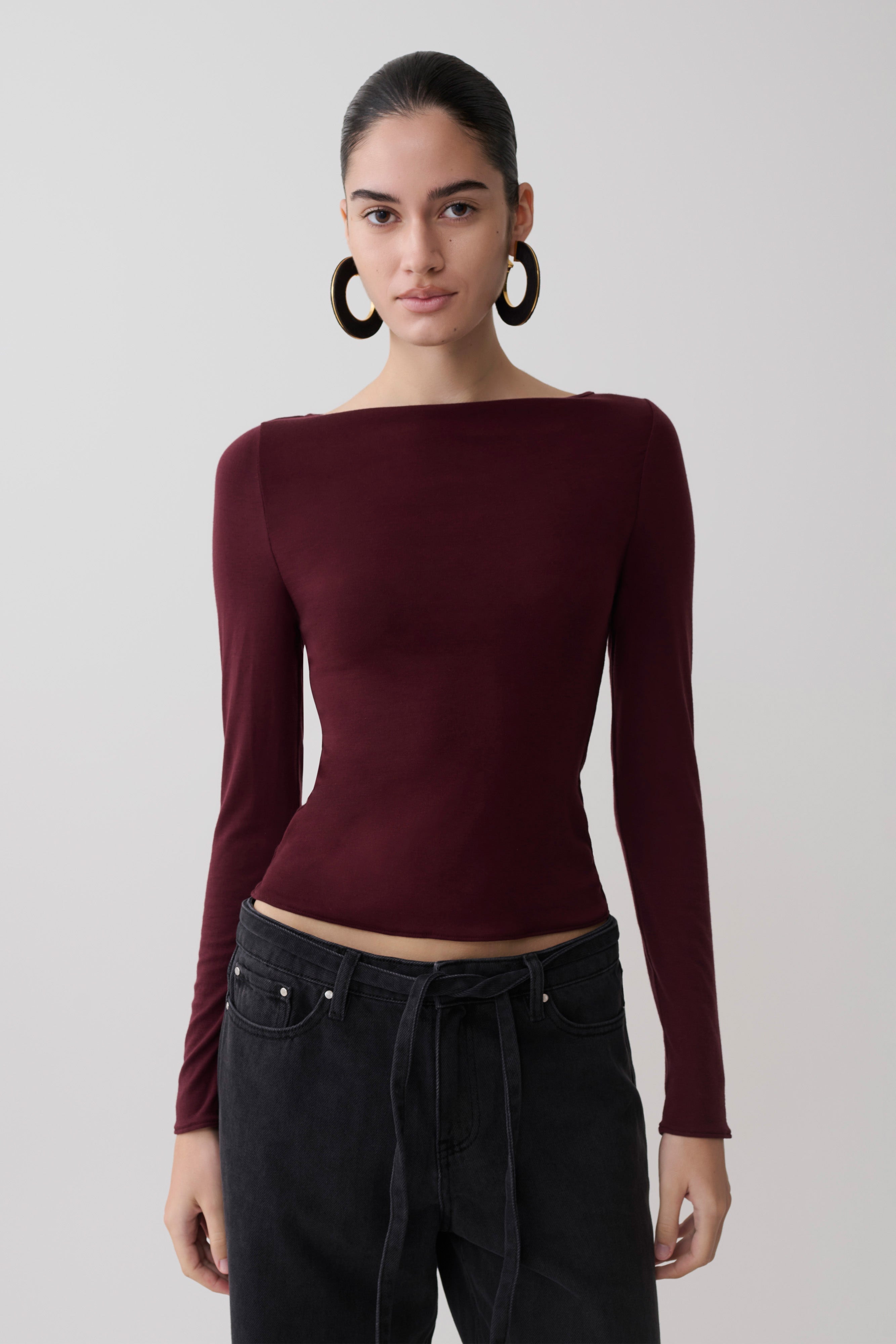 Long Sleeve Sheer Top - Burgundy