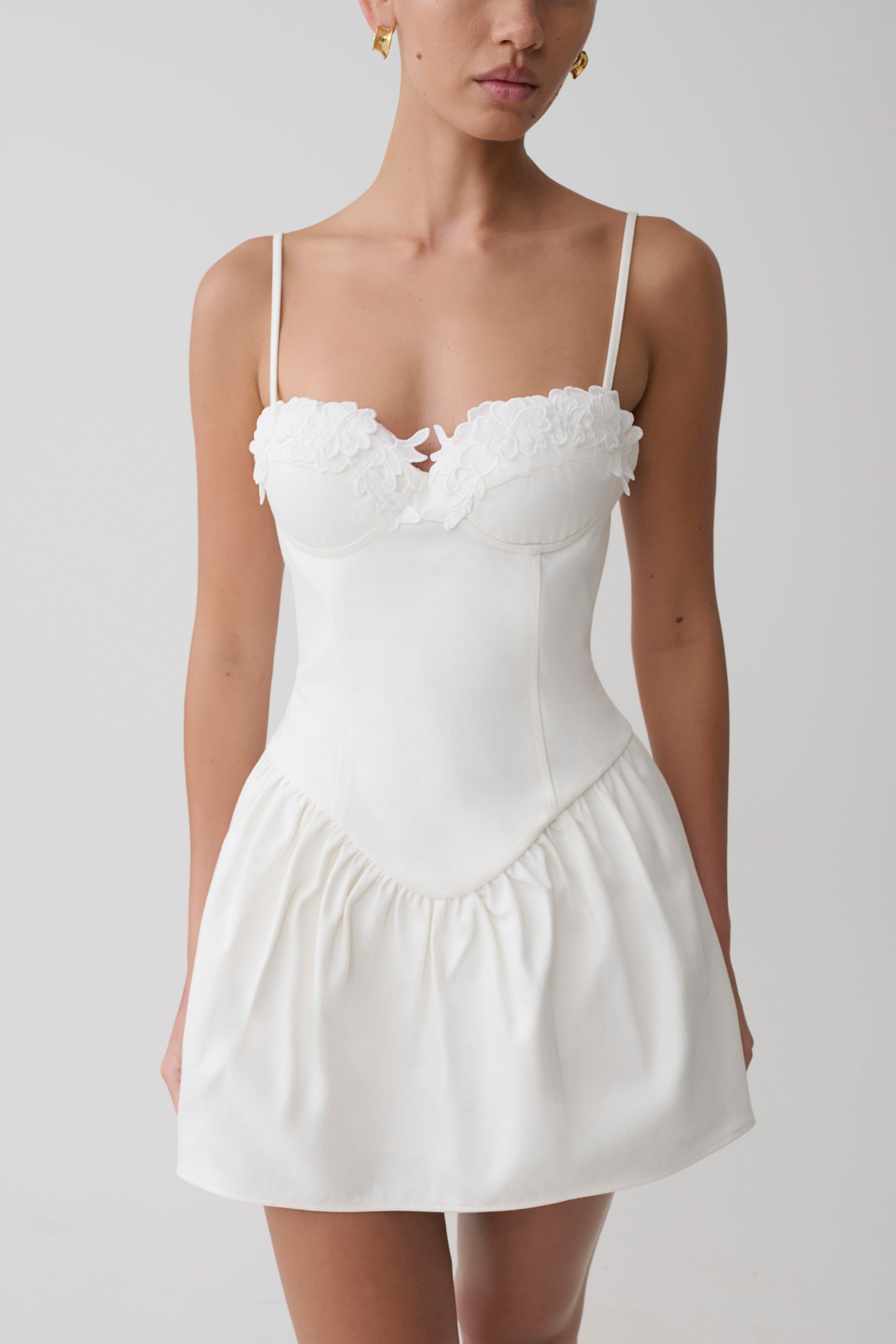 Applique Denim Bustier Mini Dress - White