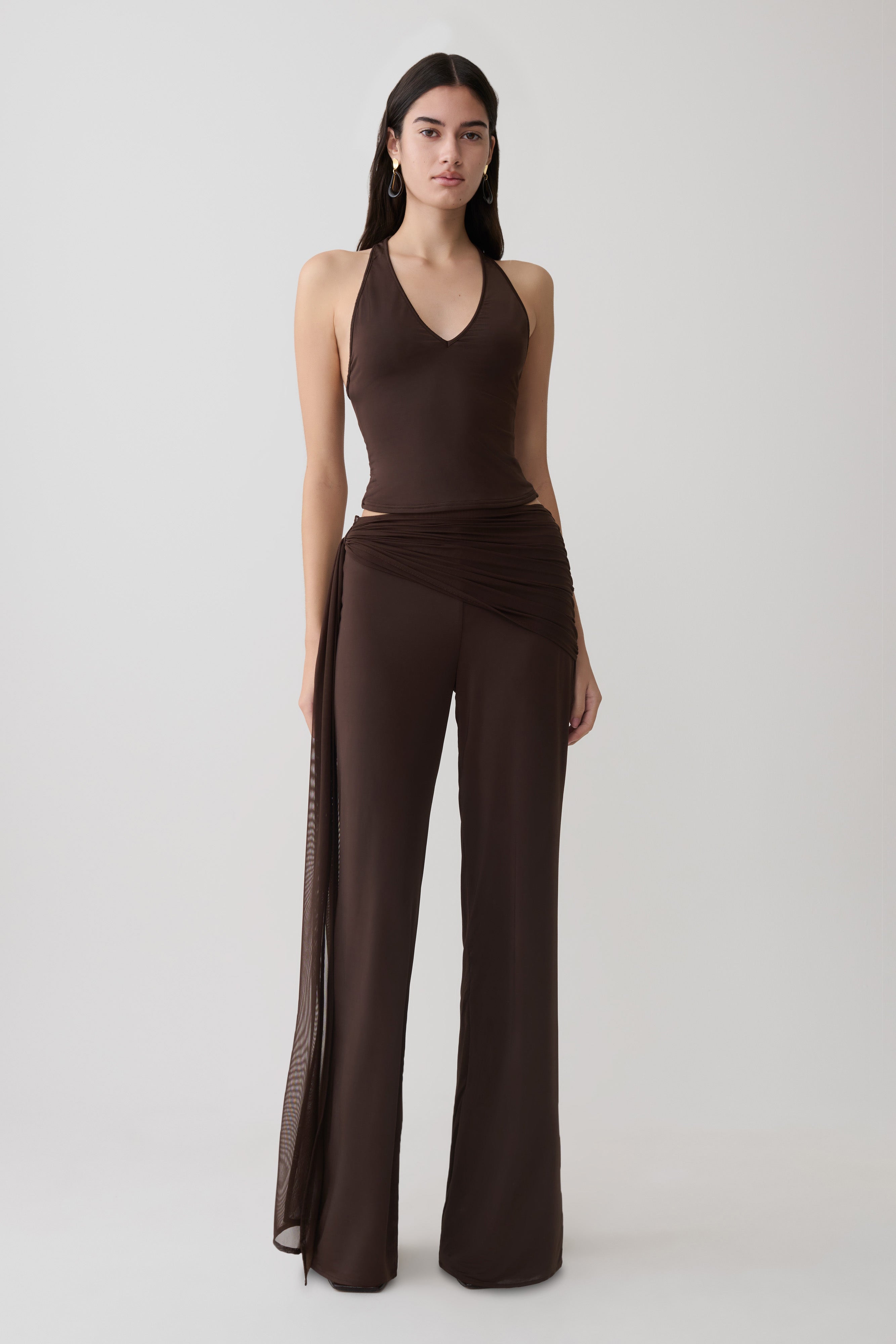 Slinky And Mesh Top - Chocolate