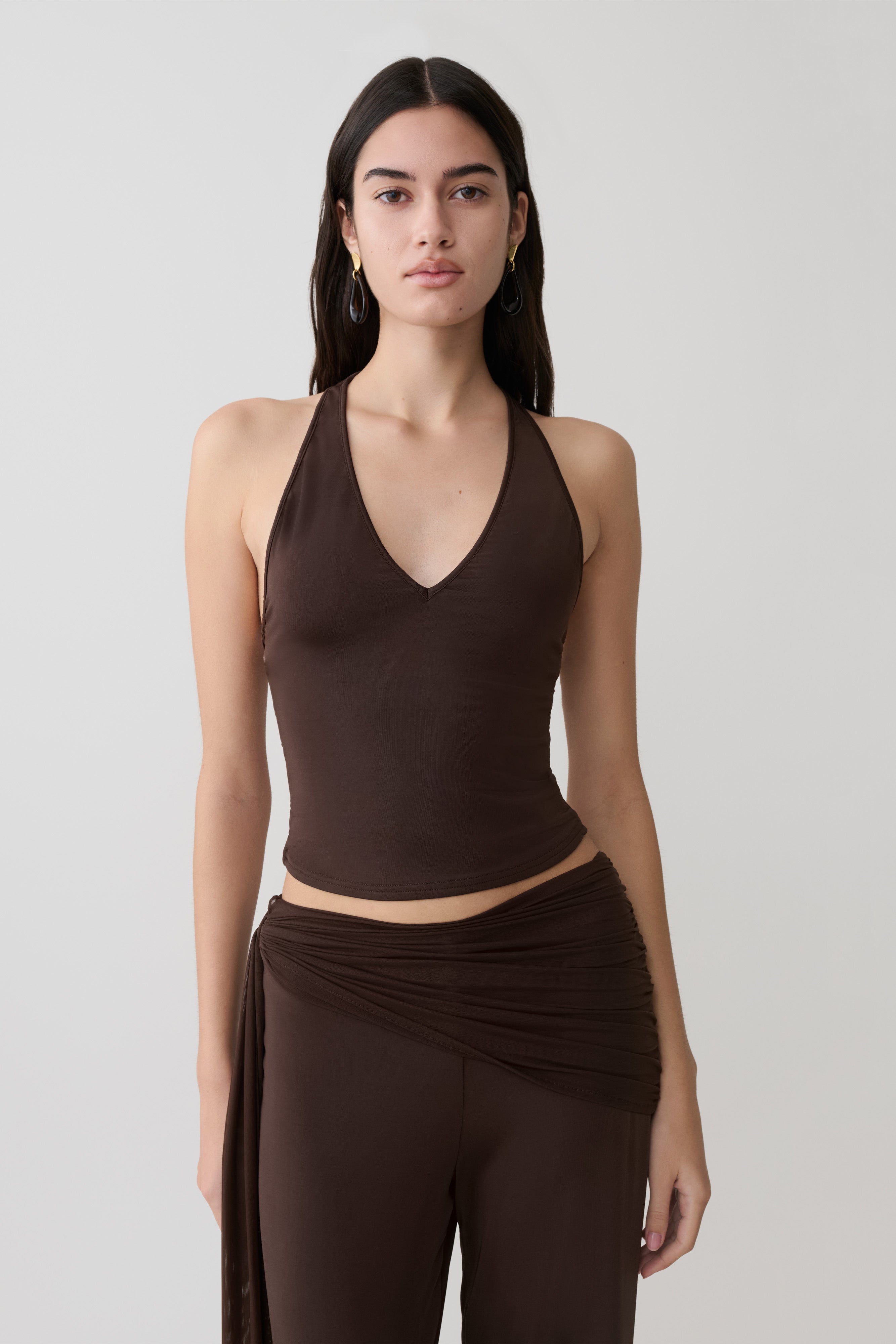 Slinky And Mesh Top - Chocolate