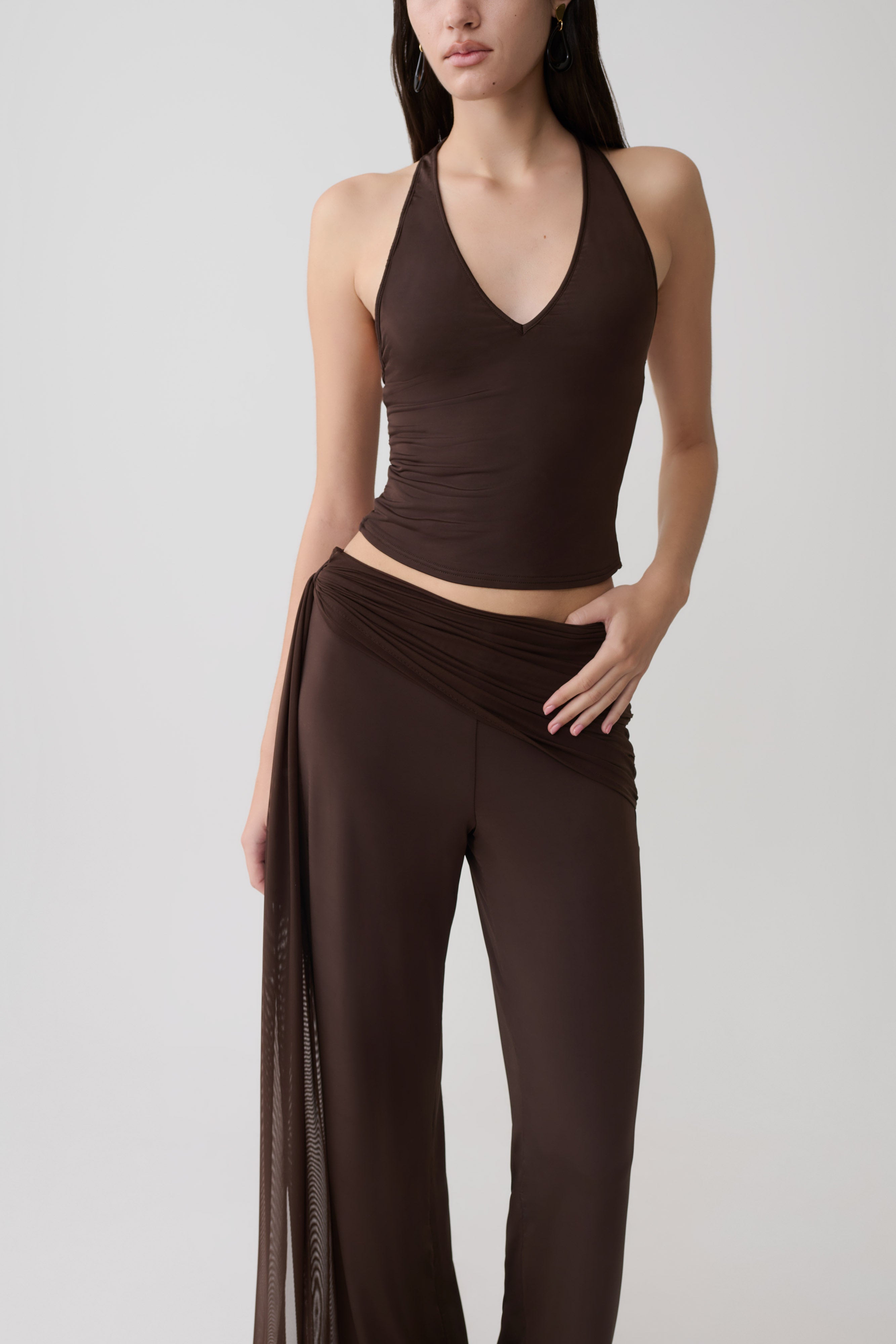 Slinky And Mesh Top - Chocolate