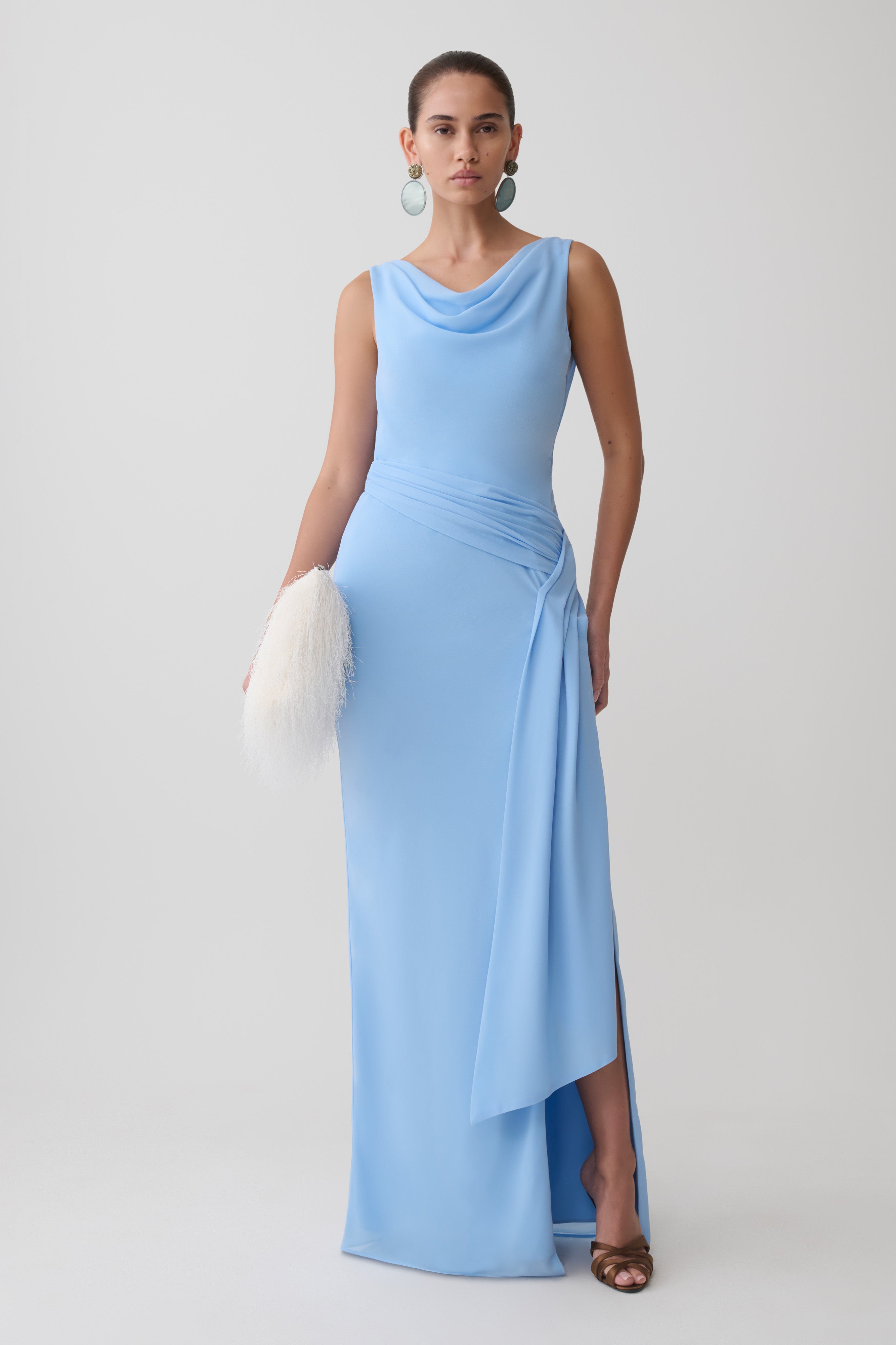Draped Back Chiffon Maxi Dress - Sky Blue