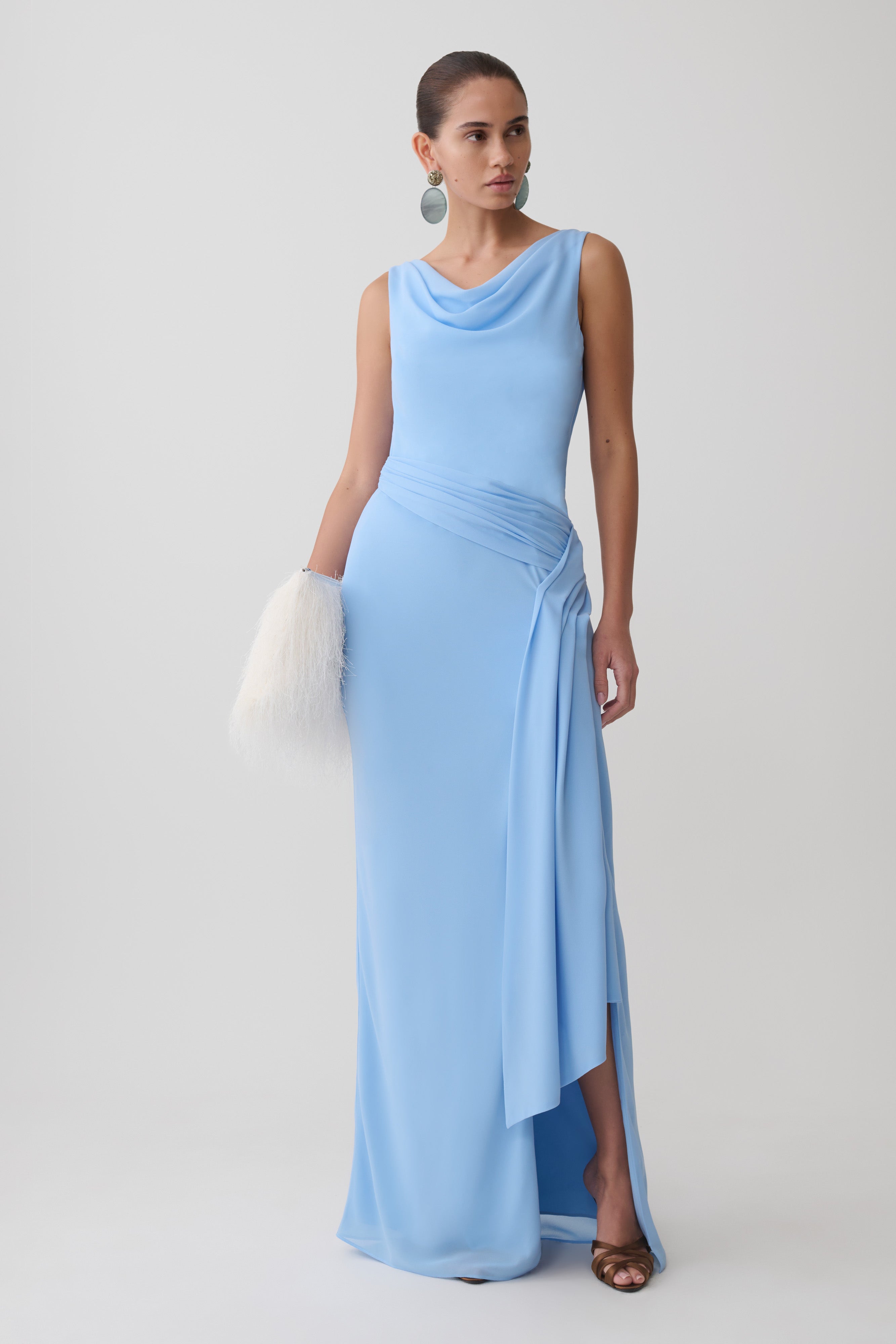 Draped Back Chiffon Maxi Dress - Sky Blue