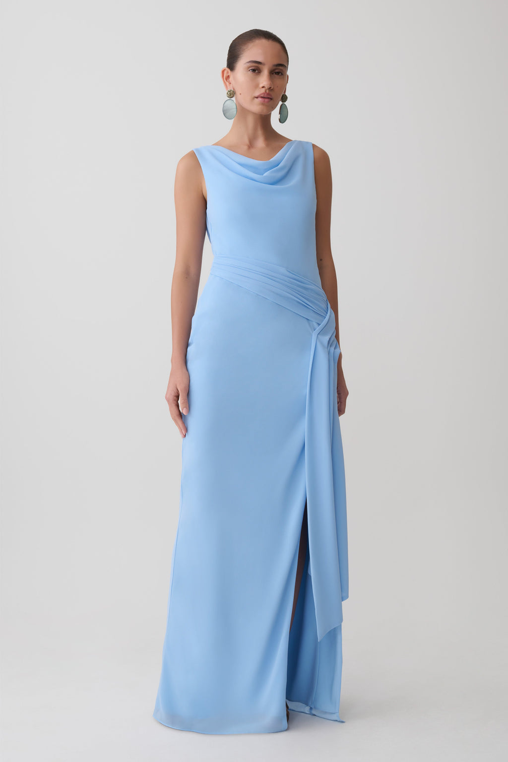 Draped Back Chiffon Maxi Dress - Sky Blue