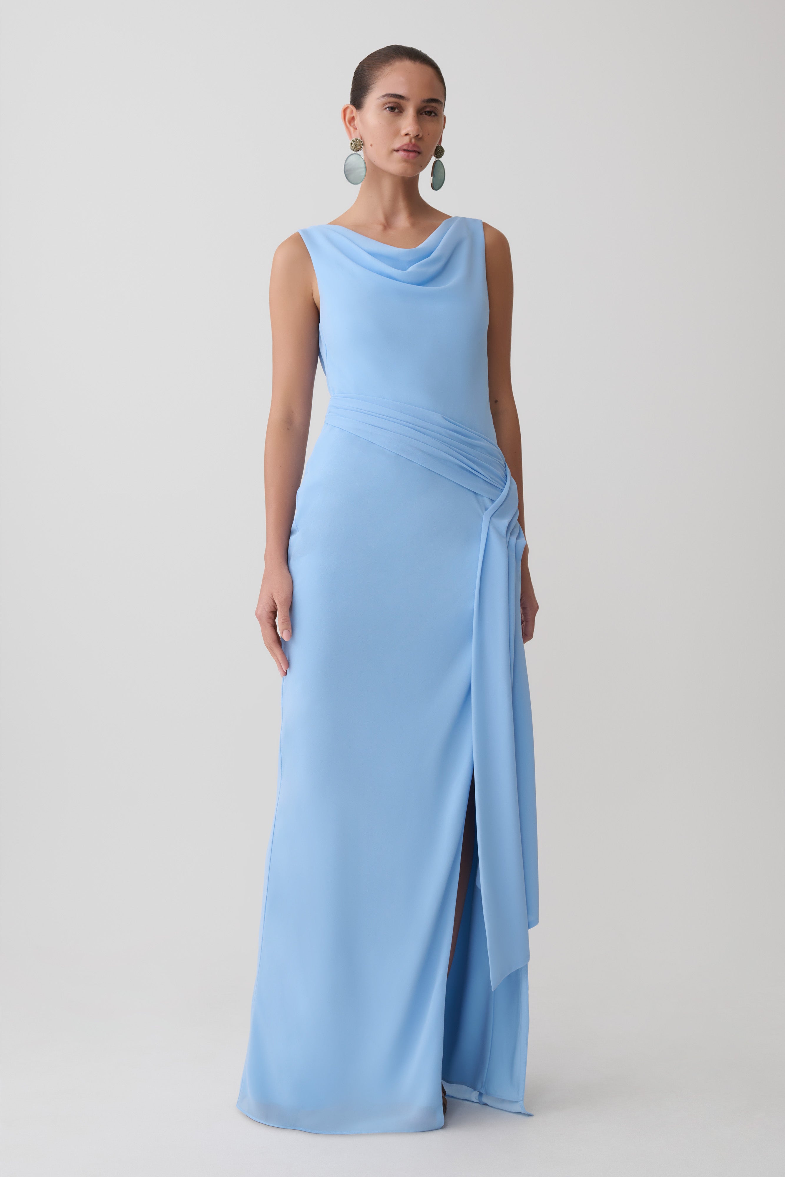 Draped Back Chiffon Maxi Dress - Sky Blue