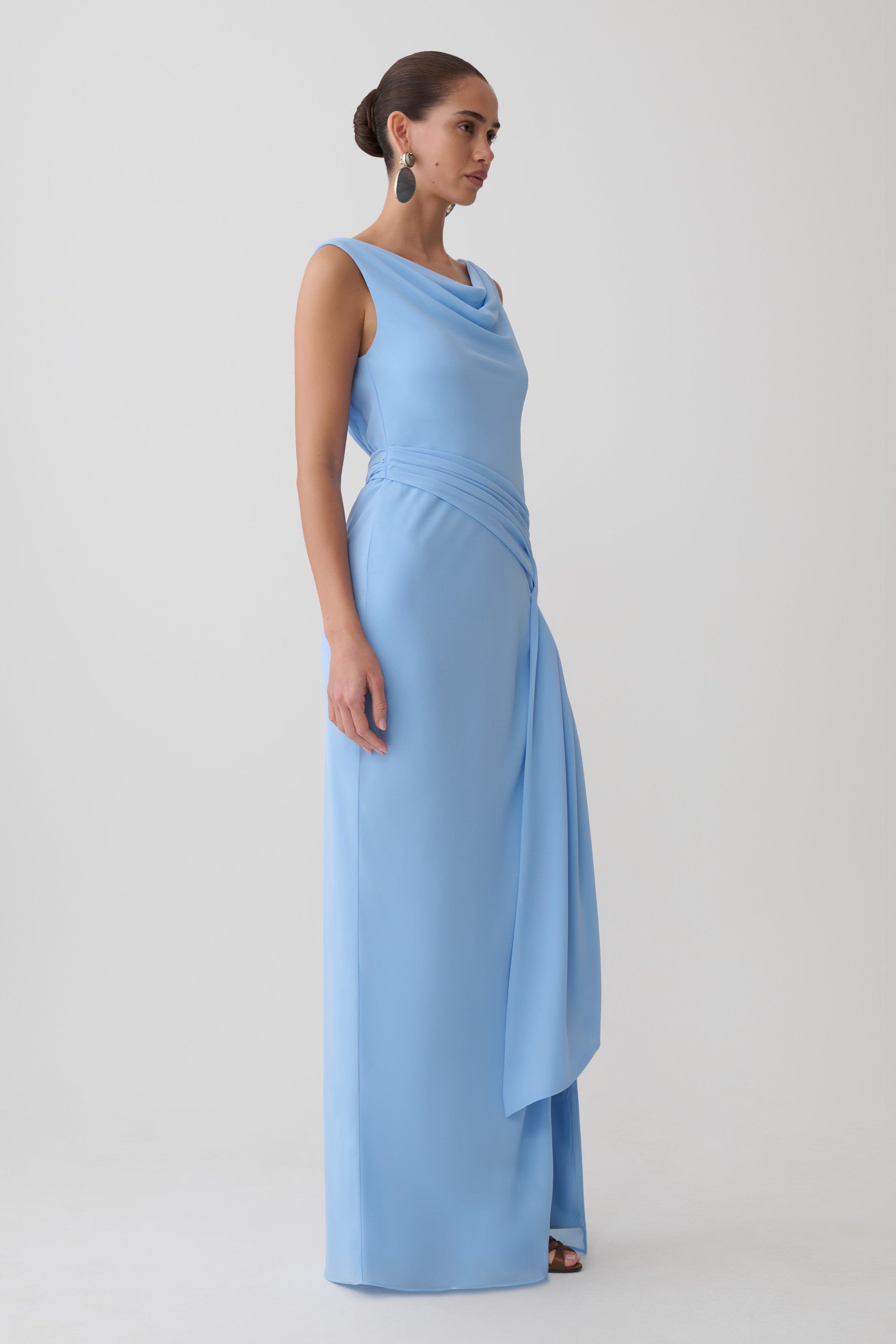 Draped Back Chiffon Maxi Dress - Sky Blue