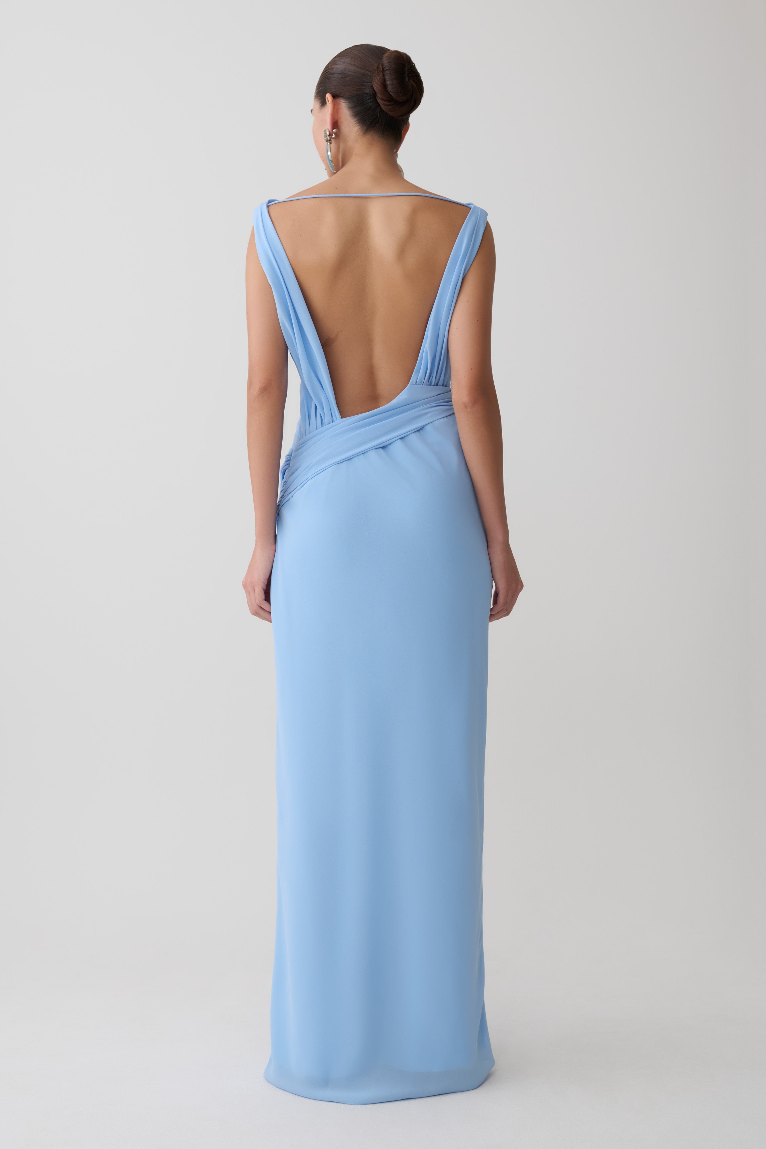 Draped Back Chiffon Maxi Dress - Sky Blue