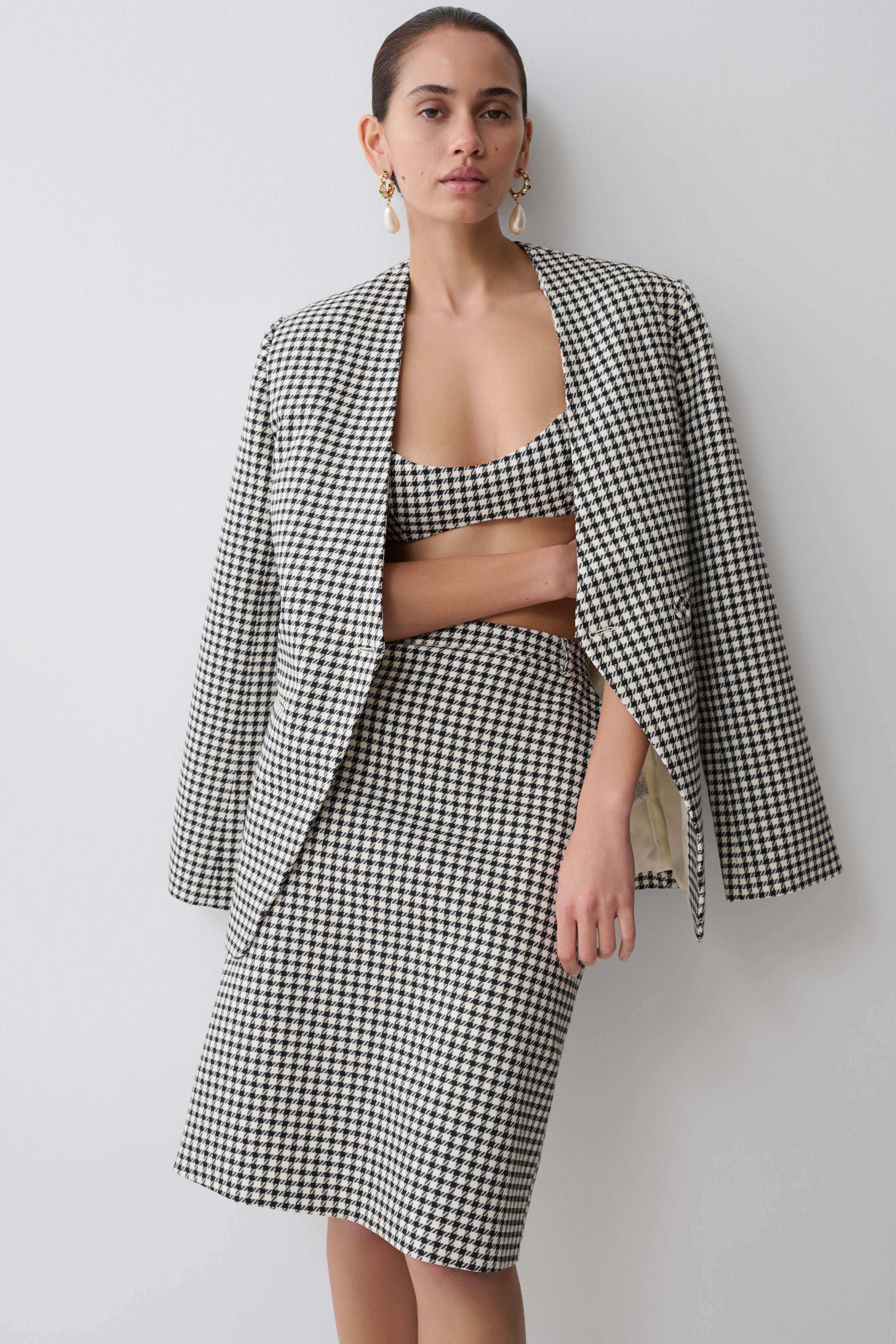 Drop Shoulder Suiting Blazer - Houndstooth