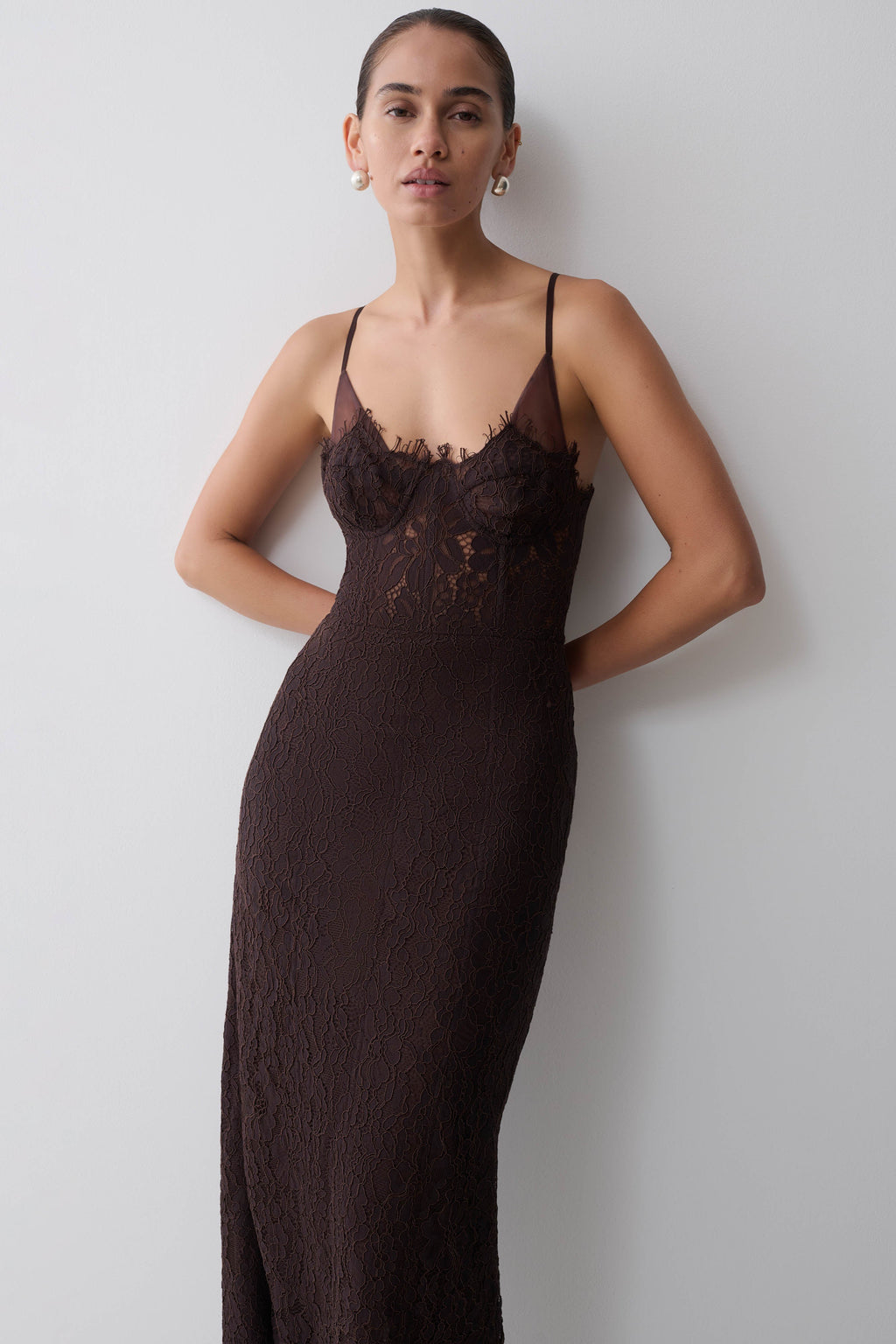 Lace And Mesh Midi Dress - Dark Chocolate