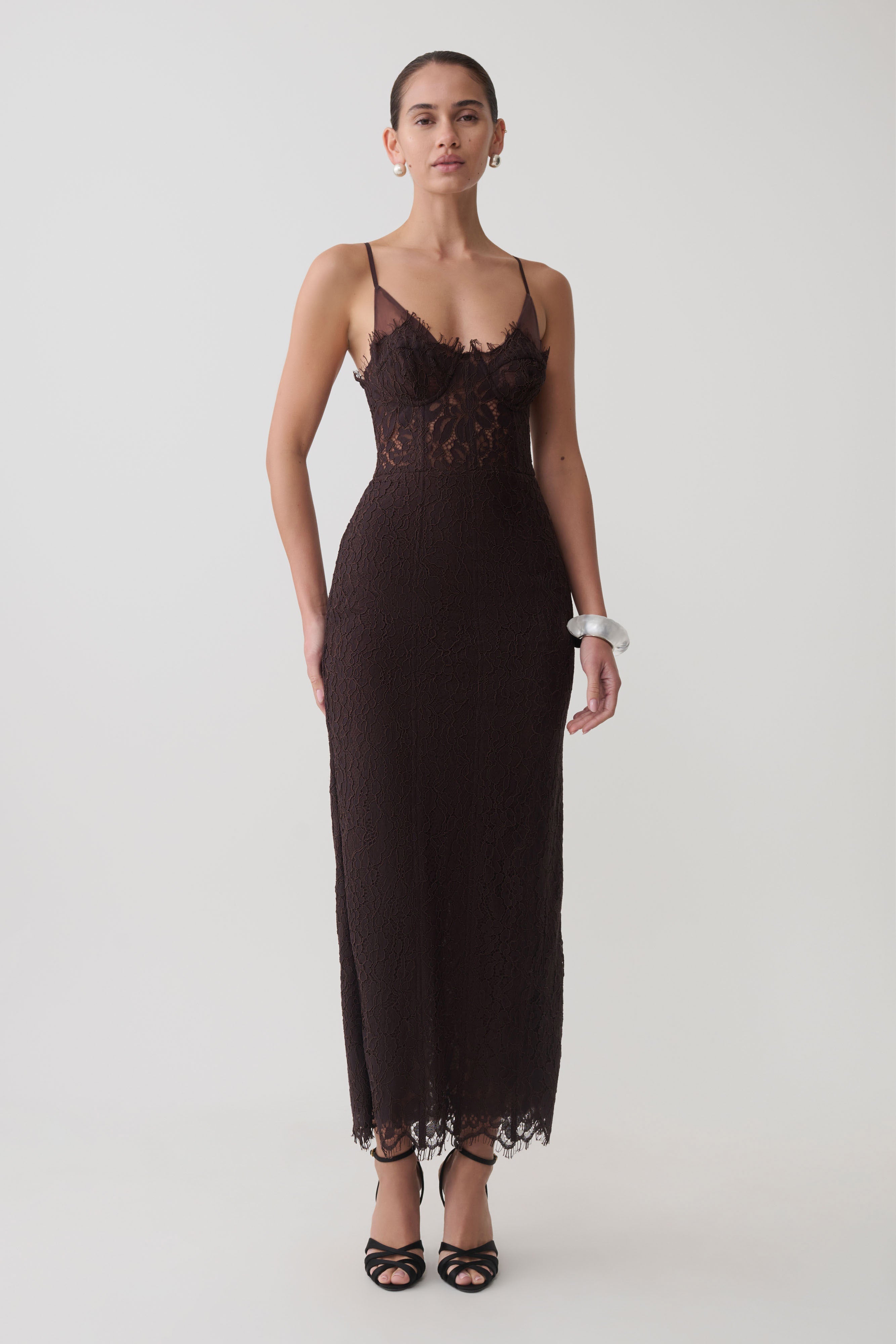 Lace And Mesh Midi Dress - Dark Chocolate