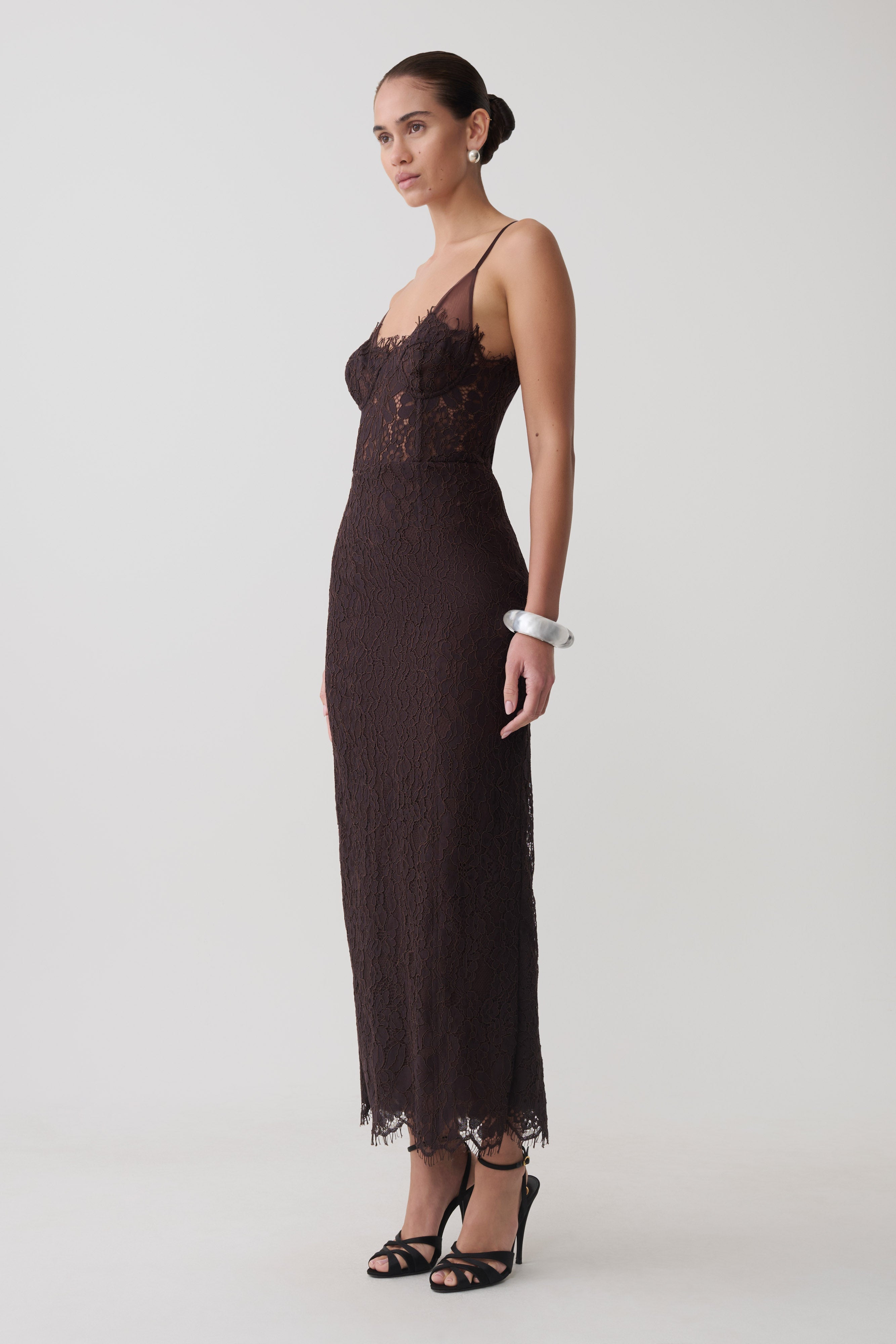 Lace And Mesh Midi Dress - Dark Chocolate