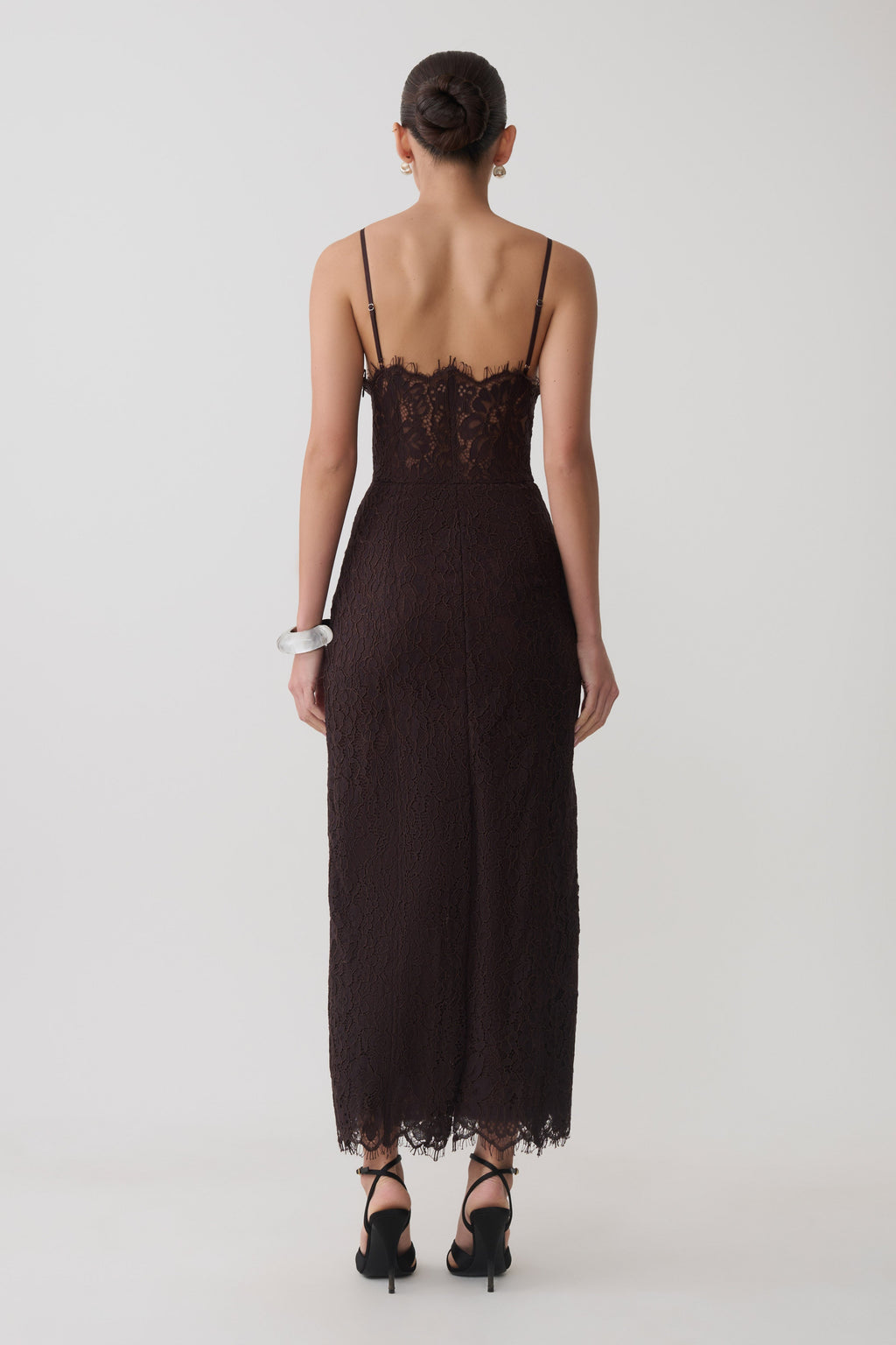 Lace And Mesh Midi Dress - Dark Chocolate