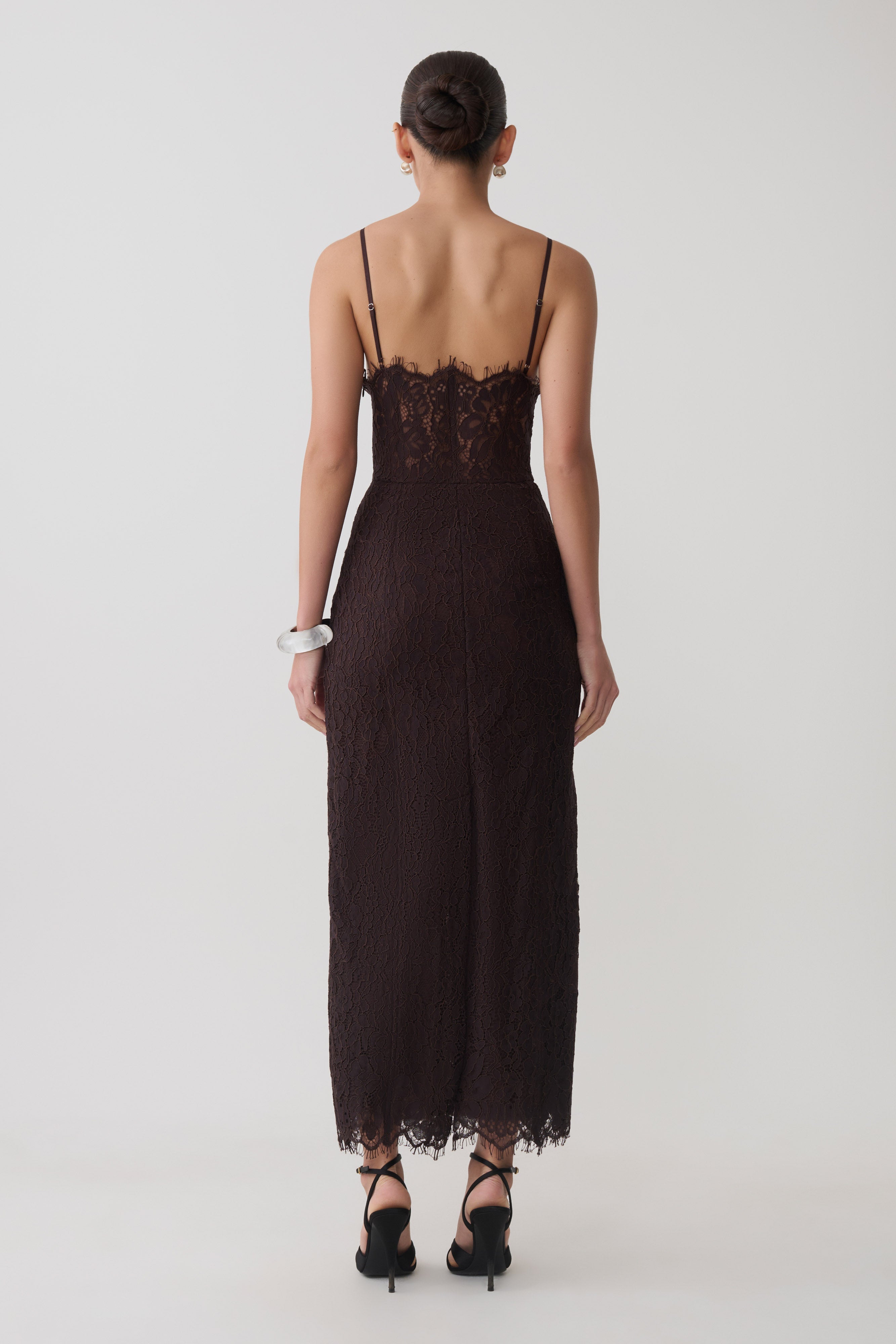 Lace And Mesh Midi Dress - Dark Chocolate