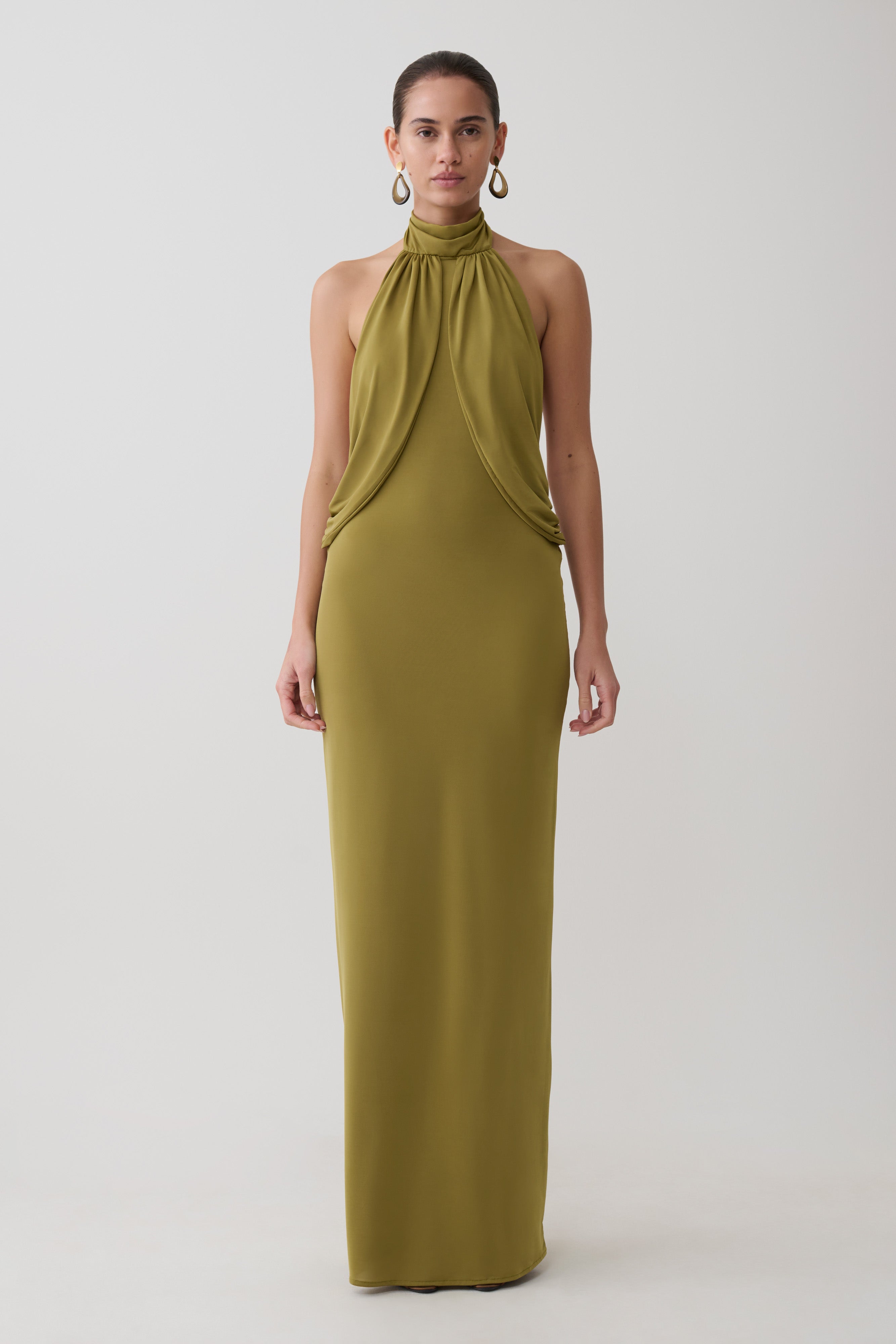 Halter Neck Slinky Maxi Dress - Martini Olive